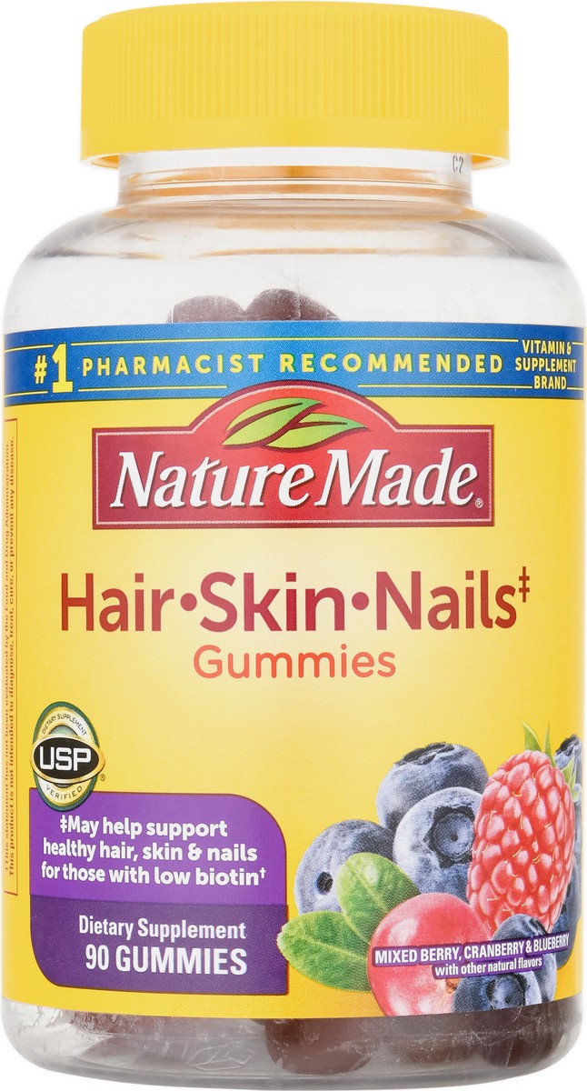 slide 5 of 14, Nature Made Hair Skin and Nails with Biotin 2500 mcg, Dietary Supplement for Healthy Hair, Skin & Nails Support, 90 Gummies, 45 Day Supply, 90 ct
