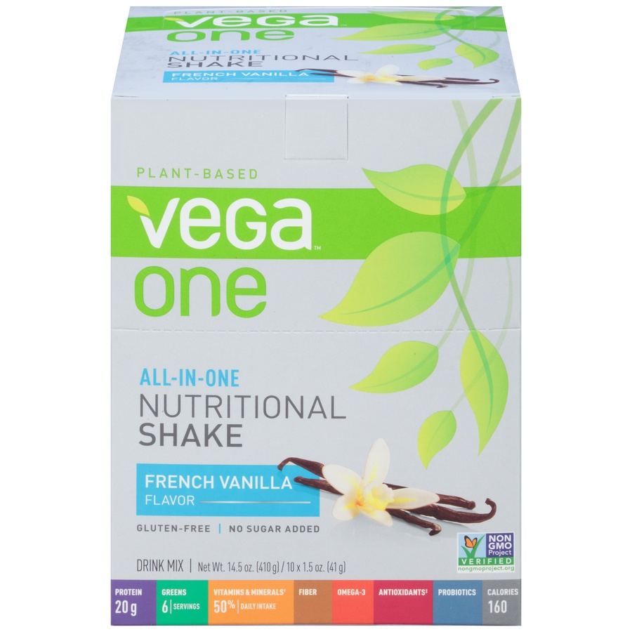 slide 1 of 1, Vega One Plant-Based French Vanilla Flavor Nutritional Shake Drink Mix, 10 ct; 1.5 oz