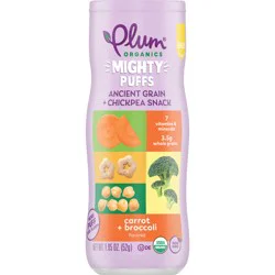 Plum Organics Baby Crawlers Mighty Puffs Ancient Grain + Chickpea Snack Carrot + Broccoli 1.85oz Canister