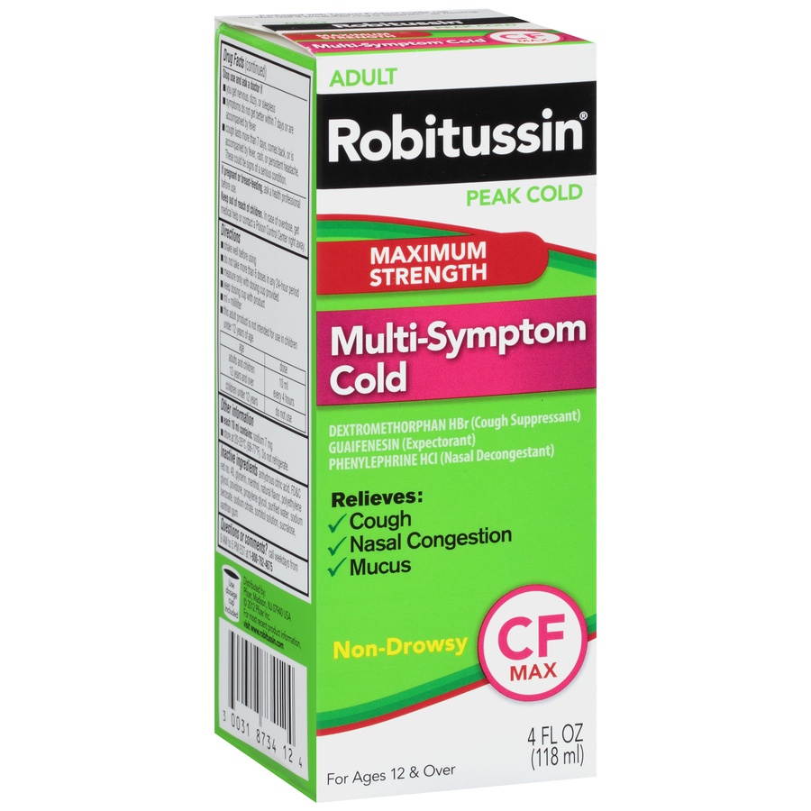 slide 5 of 6, Robitussin Peak Cold Maximum Strength Multi-Symptom Cold CF Non-Drowsy Liquid, 4 oz