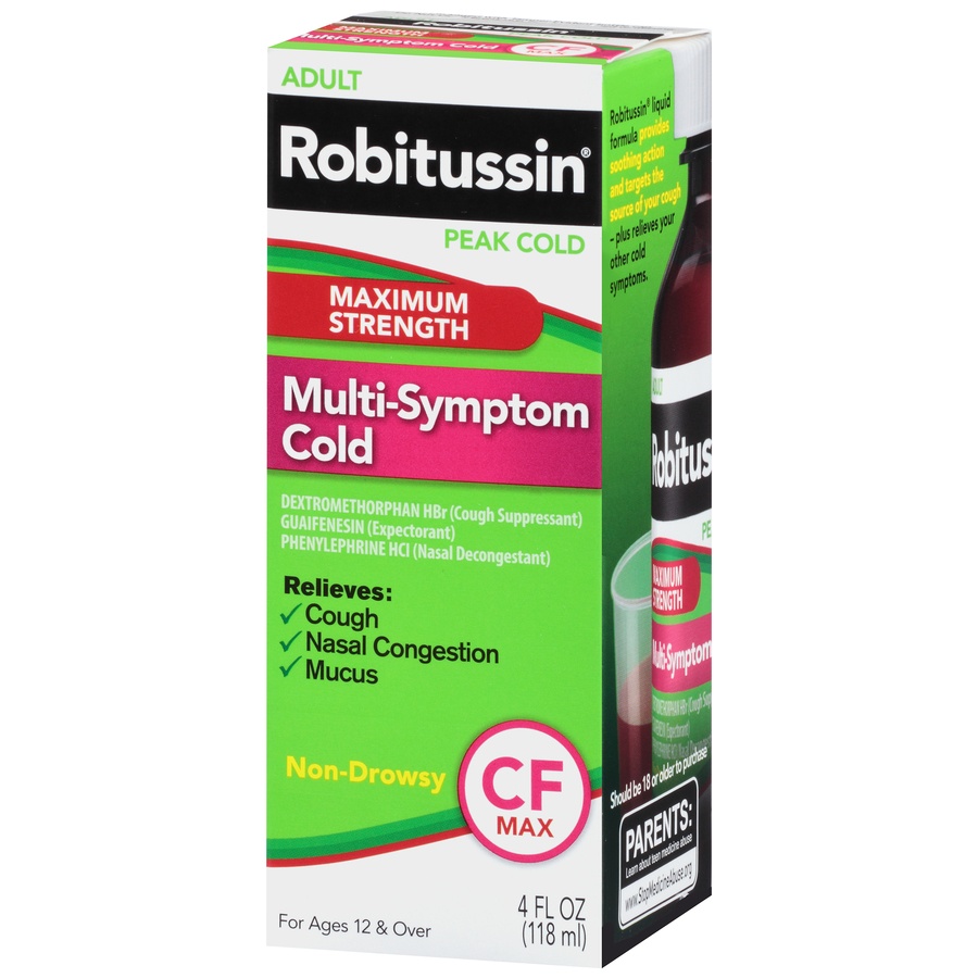 slide 6 of 6, Robitussin Peak Cold Maximum Strength Multi-Symptom Cold CF Non-Drowsy Liquid, 4 oz
