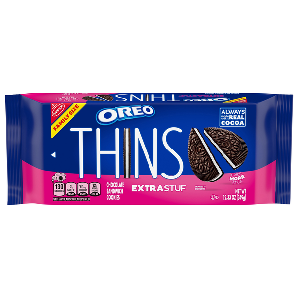 slide 1 of 1, OREO Thins Dark Extra Stuf Chocolate Sandwich Cookies Family Size, 12.3 oz