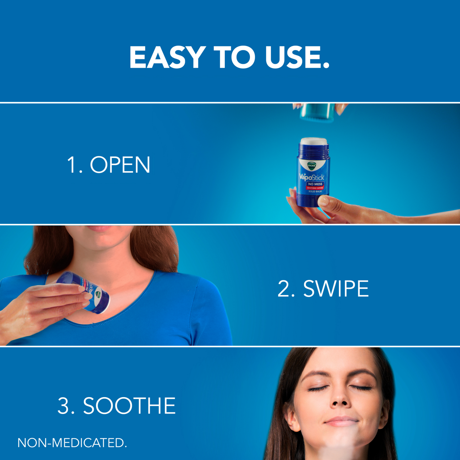 slide 5 of 5, Vicks VapoStick, Solid Balm, No Mess, Soothing Non-Medicated Vicks Vapors, Easy-To-Use No-Touch Applicator, Quick Dry, Lightweight Skin Feel, 1.25oz x 2, 2 ct