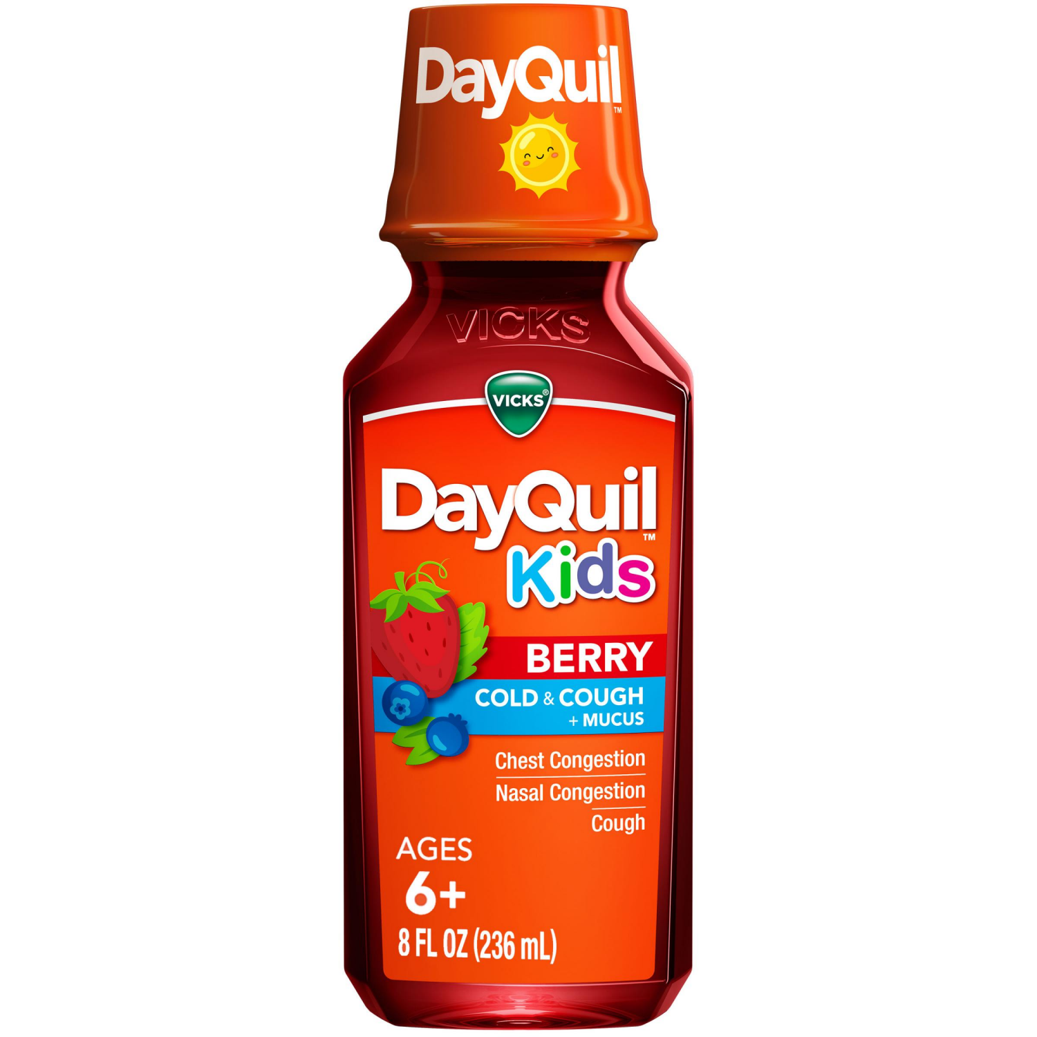 slide 1 of 5, VICKS DayQuil Kids Berry Cold & Cough + Mucus Multi-Symptom Relief, Daytime Relief of Chest Congestion, Nasal Congestion and Cough, Great-Tasting Berry Flavored, Medicine Free of Alcohol & Acetaminophen, For Children Ages 6+, 8 OZ, 8 fl oz
