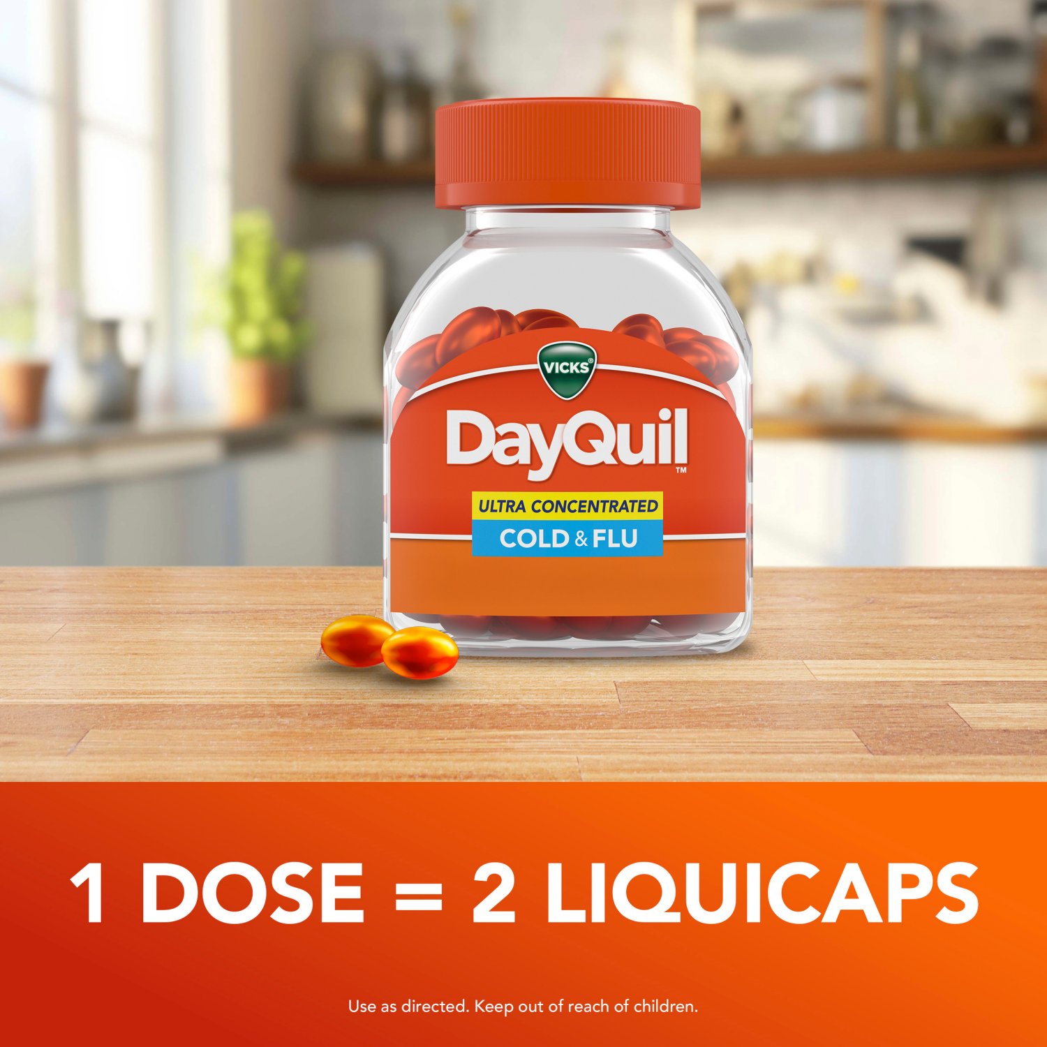 slide 8 of 8, Vicks DayQuil Ultra Concentrated Liquicaps, Cold & Flu Over-the-Counter Medicine, Powerful Multi-Symptom Daytime Relief for Headache, Fever, Sore Throat, Minor Aches & Pains, Nasal Congestion, Sinus Pressure & Cough, 48ct, 48 ct