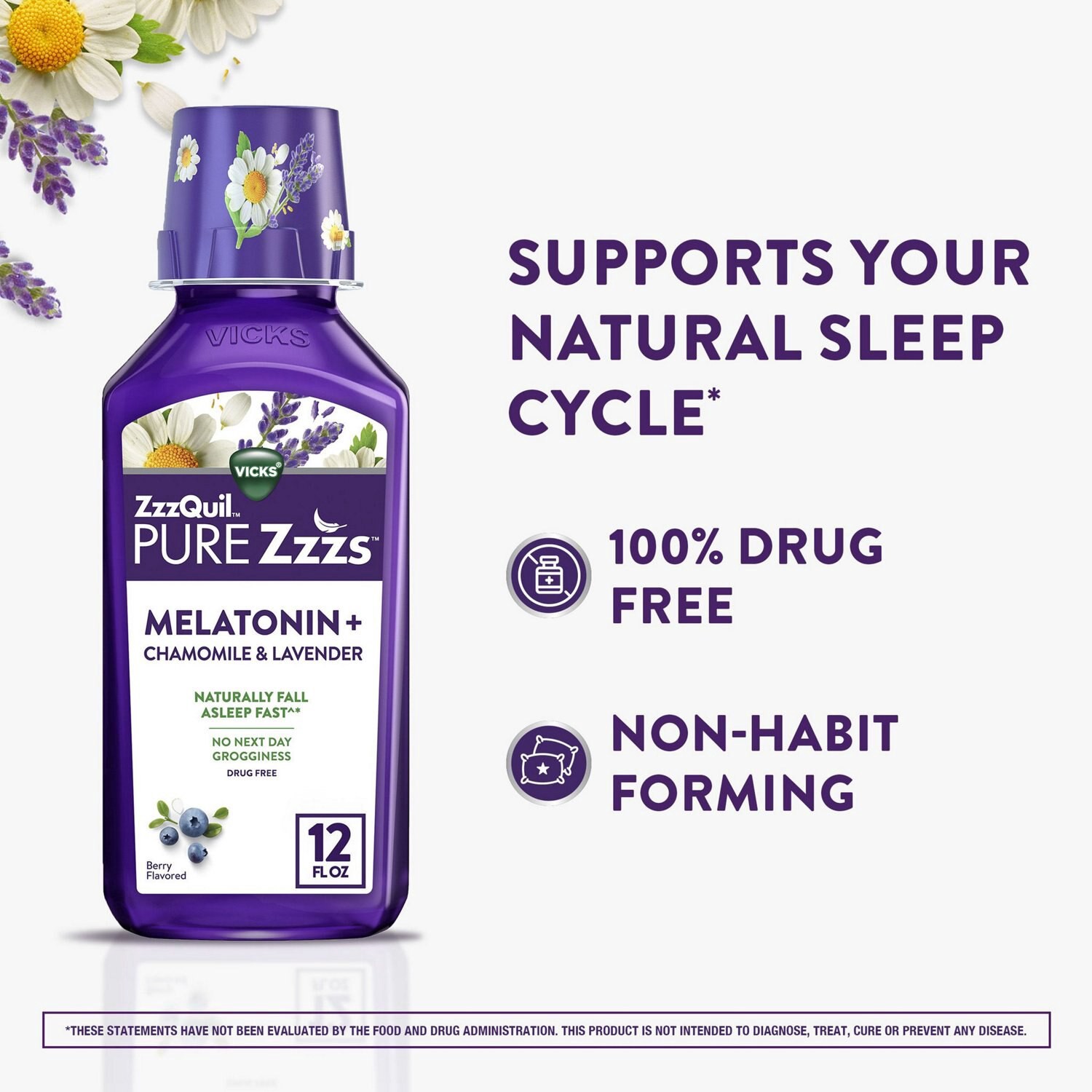 slide 7 of 7, Vicks ZzzQuil Pure Zzzs Melatonin Liquid, Sleep Aid, Liquid Melatonin 2mg, with Chamomile & Lavender, Fall Asleep Fast, Melatonin Sleep Aids for Adults, Berry Flavored, 12 FL OZ, 12 fl oz