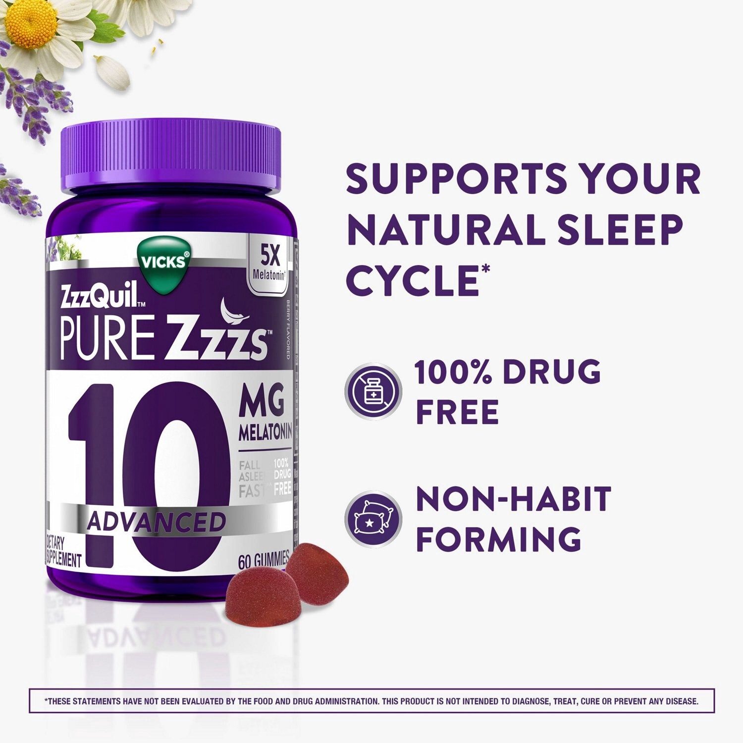 slide 2 of 6, Vicks ZzzQuil PURE Zzzs, Advanced 10mg Melatonin Gummies, Sleep Aid, Berry Flavored, with Chamomile & Lavender, Fall Asleep Fast, Drug-Free, Non-Habit Forming, 60ct, 60 ct