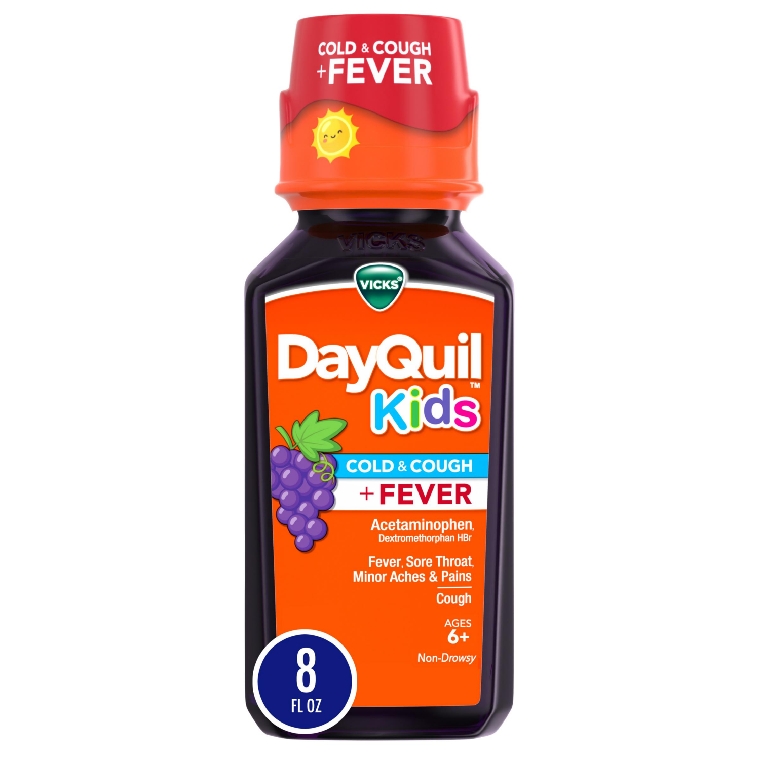 slide 1 of 5, VICKS DayQuil Kids Grape Cold & Cough + Fever Multi-Symptom Relief Liquid, Daytime Relief of Cough, Sore Throat, Minor Aches and Pains and Fever, Great-Tasting Grape Flavored Medicine, Specially Formulated for Kids Ages 6+, 8 OZ, 8 fl oz