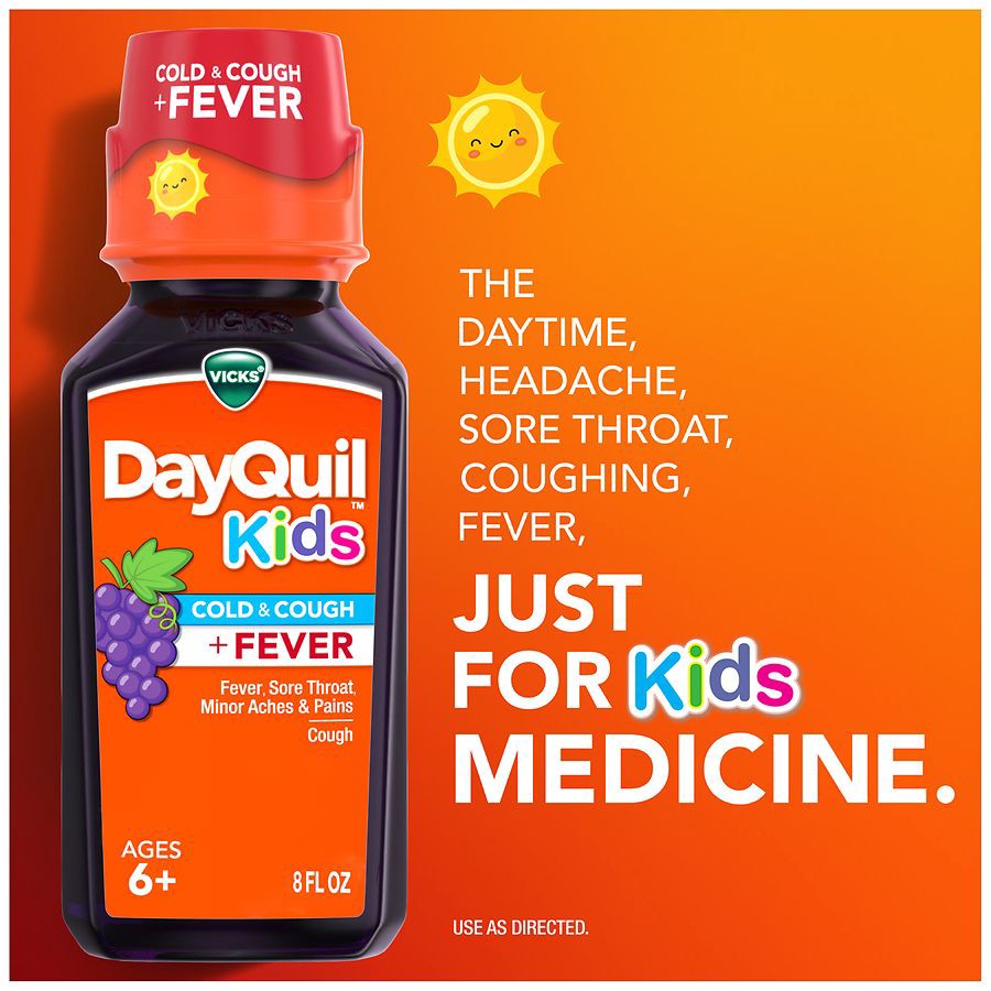 slide 2 of 5, VICKS DayQuil Kids Grape Cold & Cough + Fever Multi-Symptom Relief Liquid, Daytime Relief of Cough, Sore Throat, Minor Aches and Pains and Fever, Great-Tasting Grape Flavored Medicine, Specially Formulated for Kids Ages 6+, 8 OZ, 8 oz
