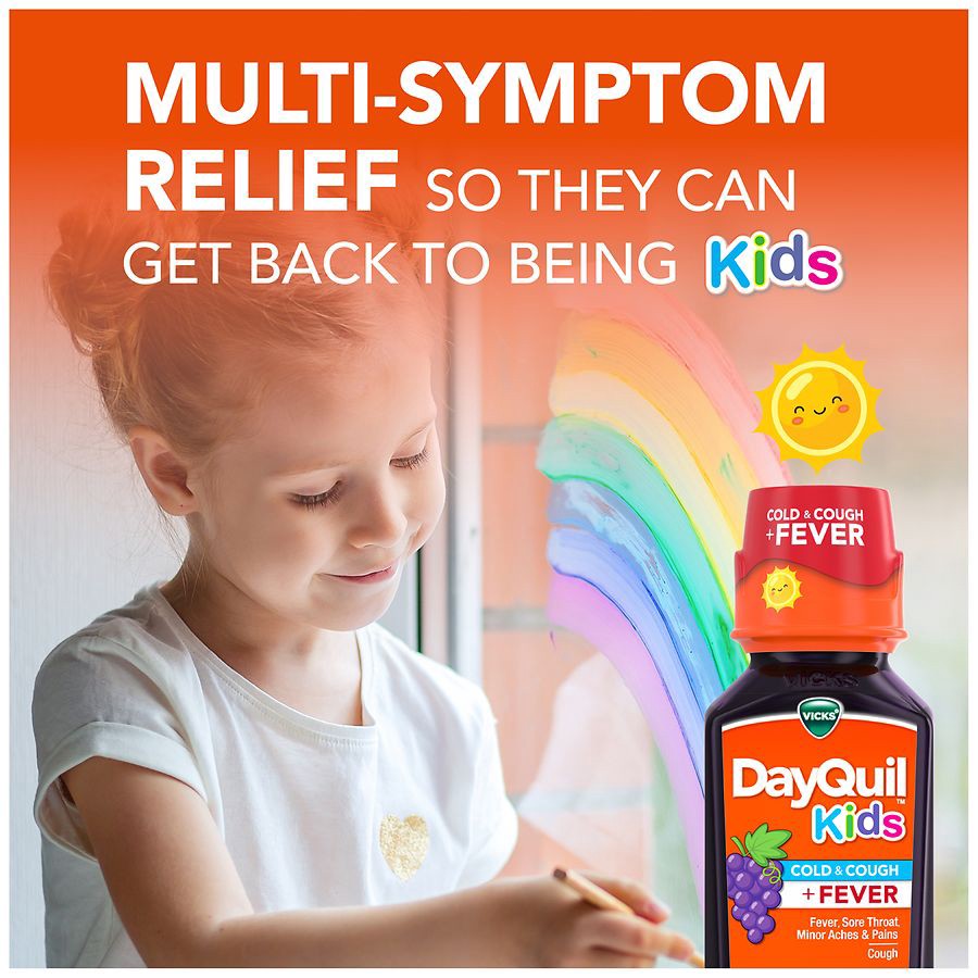 slide 3 of 5, VICKS DayQuil Kids Grape Cold & Cough + Fever Multi-Symptom Relief Liquid, Daytime Relief of Cough, Sore Throat, Minor Aches and Pains and Fever, Great-Tasting Grape Flavored Medicine, Specially Formulated for Kids Ages 6+, 8 OZ, 8 oz