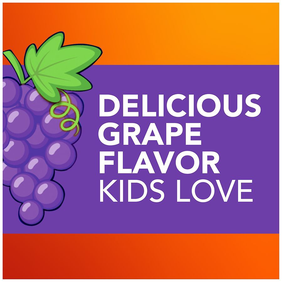 slide 5 of 5, VICKS DayQuil Kids Grape Cold & Cough + Fever Multi-Symptom Relief Liquid, Daytime Relief of Cough, Sore Throat, Minor Aches and Pains and Fever, Great-Tasting Grape Flavored Medicine, Specially Formulated for Kids Ages 6+, 8 OZ, 8 oz