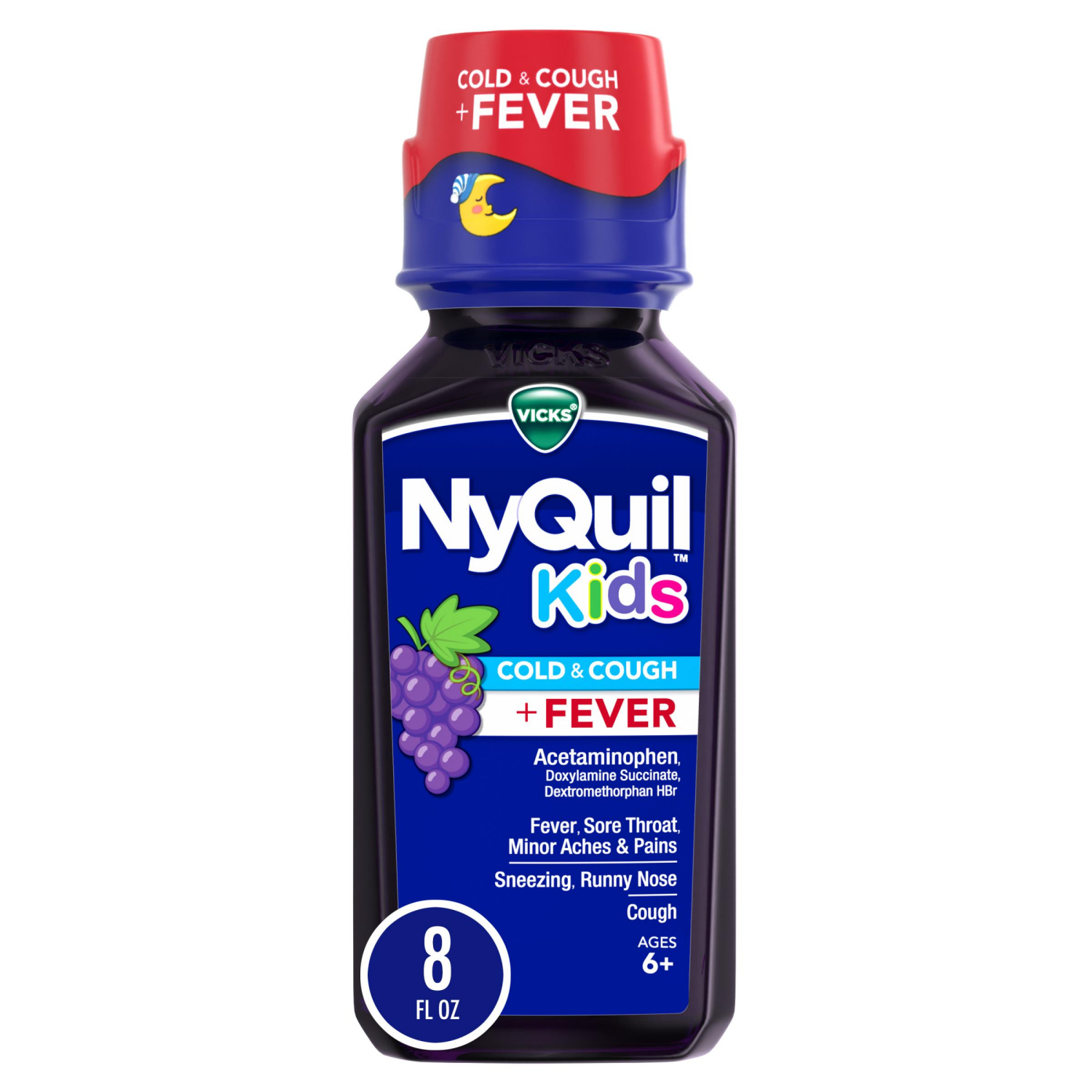 slide 1 of 5, VICKS NyQuil Kids Grape Cold & Cough + Fever Multi-Symptom Relief Liquid, Nighttime Relief of Cough, Sore Throat, Sneezing, Runny Nose and Fever, Great-Tasting Grape Flavored Medicine, Specially Formulated for Kids Ages 6+, 8 OZ, 8 fl oz
