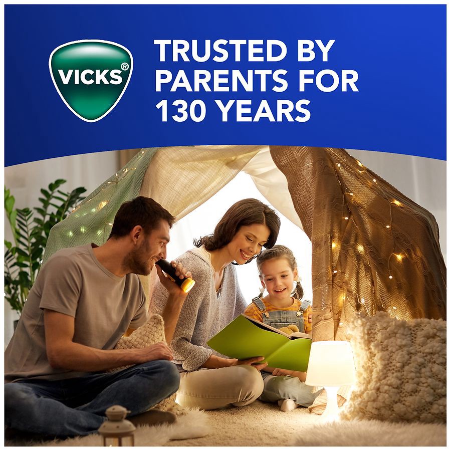 slide 2 of 5, VICKS NyQuil Kids Grape Cold & Cough + Fever Multi-Symptom Relief Liquid, Nighttime Relief of Cough, Sore Throat, Sneezing, Runny Nose and Fever, Great-Tasting Grape Flavored Medicine, Specially Formulated for Kids Ages 6+, 8 OZ, 8 fl oz