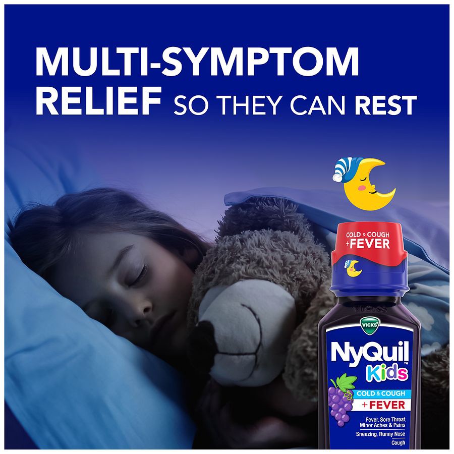 slide 3 of 5, VICKS NyQuil Kids Grape Cold & Cough + Fever Multi-Symptom Relief Liquid, Nighttime Relief of Cough, Sore Throat, Sneezing, Runny Nose and Fever, Great-Tasting Grape Flavored Medicine, Specially Formulated for Kids Ages 6+, 8 OZ, 8 fl oz