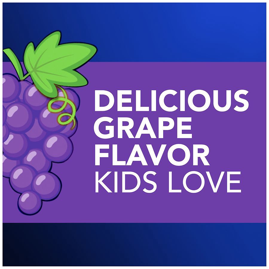 slide 5 of 5, VICKS NyQuil Kids Grape Cold & Cough + Fever Multi-Symptom Relief Liquid, Nighttime Relief of Cough, Sore Throat, Sneezing, Runny Nose and Fever, Great-Tasting Grape Flavored Medicine, Specially Formulated for Kids Ages 6+, 8 OZ, 8 fl oz