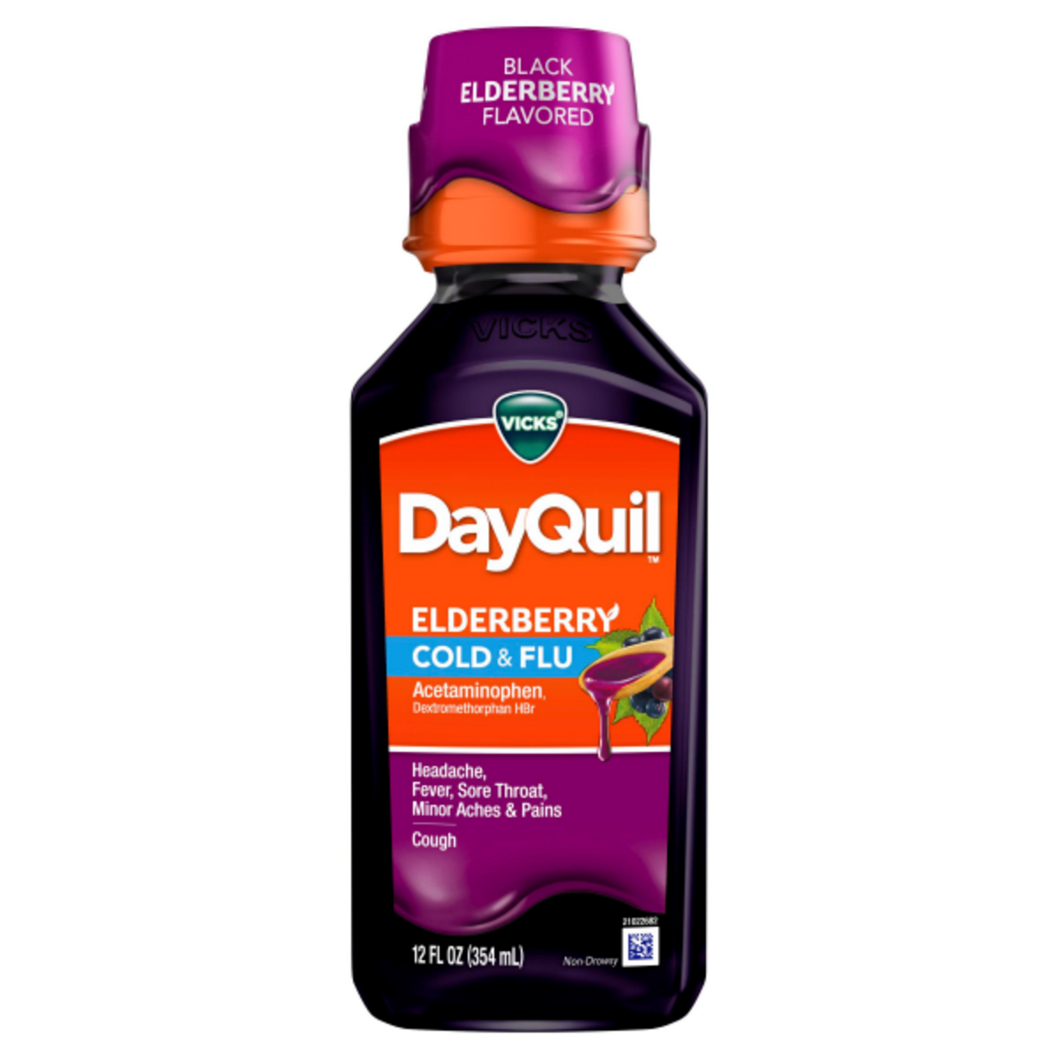 slide 4 of 6, VICKS DayQuil Elderberry Flavor Cold & Flu Relief Liquid Over-the-Counter Medicine, Powerful Multi-Symptom Daytime Relief for Headache, Fever, Sore Throat, Minor Aches and Pains, Sneezing, Runny Nose, and Cough, Non-Drowsy Formula, 12 FL OZ, 12 fl oz