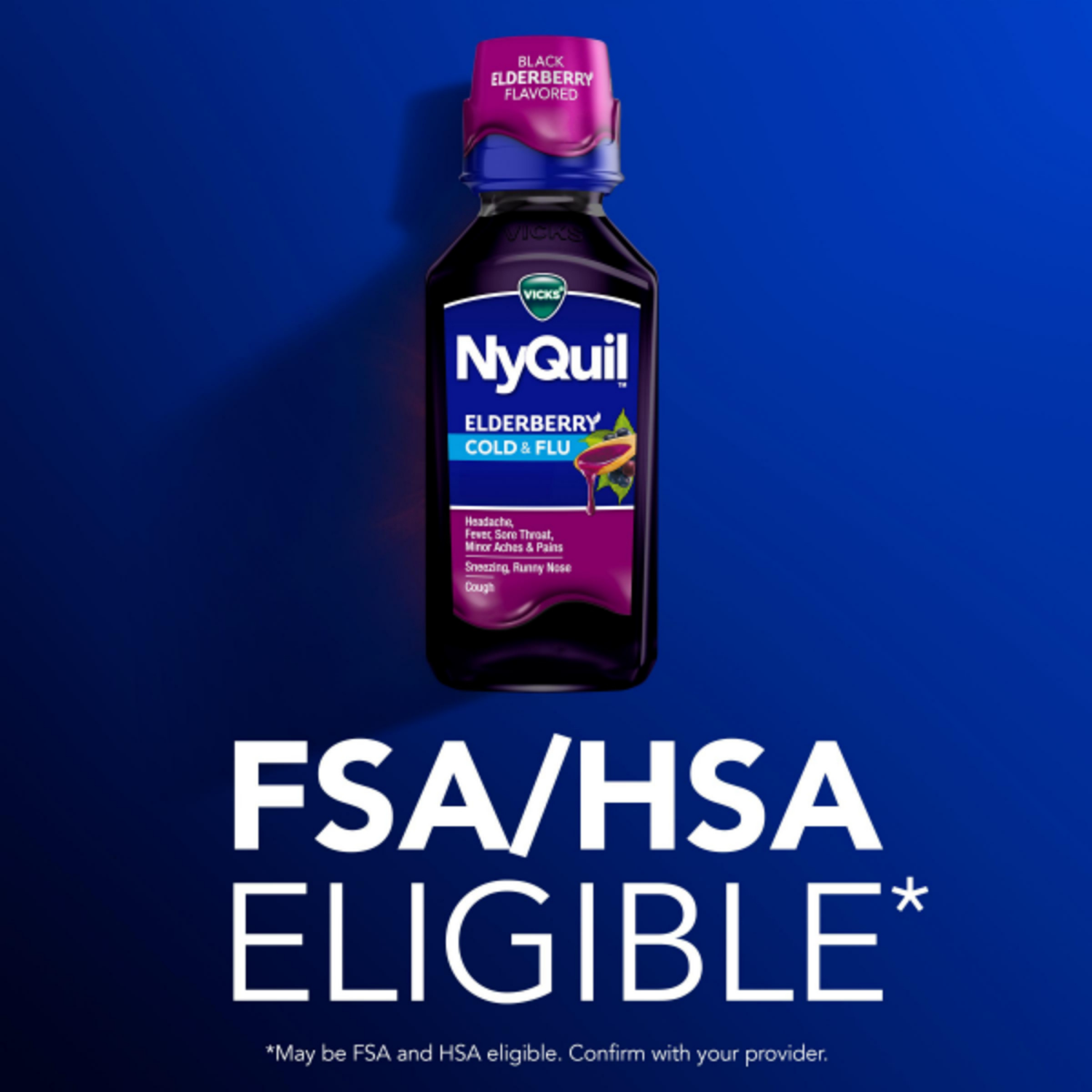 slide 2 of 8, VICKS NyQuil Elderberry Flavor Cold & Flu Relief Liquid Over-the-Counter Medicine, Powerful Multi-Symptom Nighttime Relief for Headache, Fever, Sore Throat, Minor Aches and Pains, Sneezing, Runny Nose, and Cough, 12 FL OZ, 12 fl oz