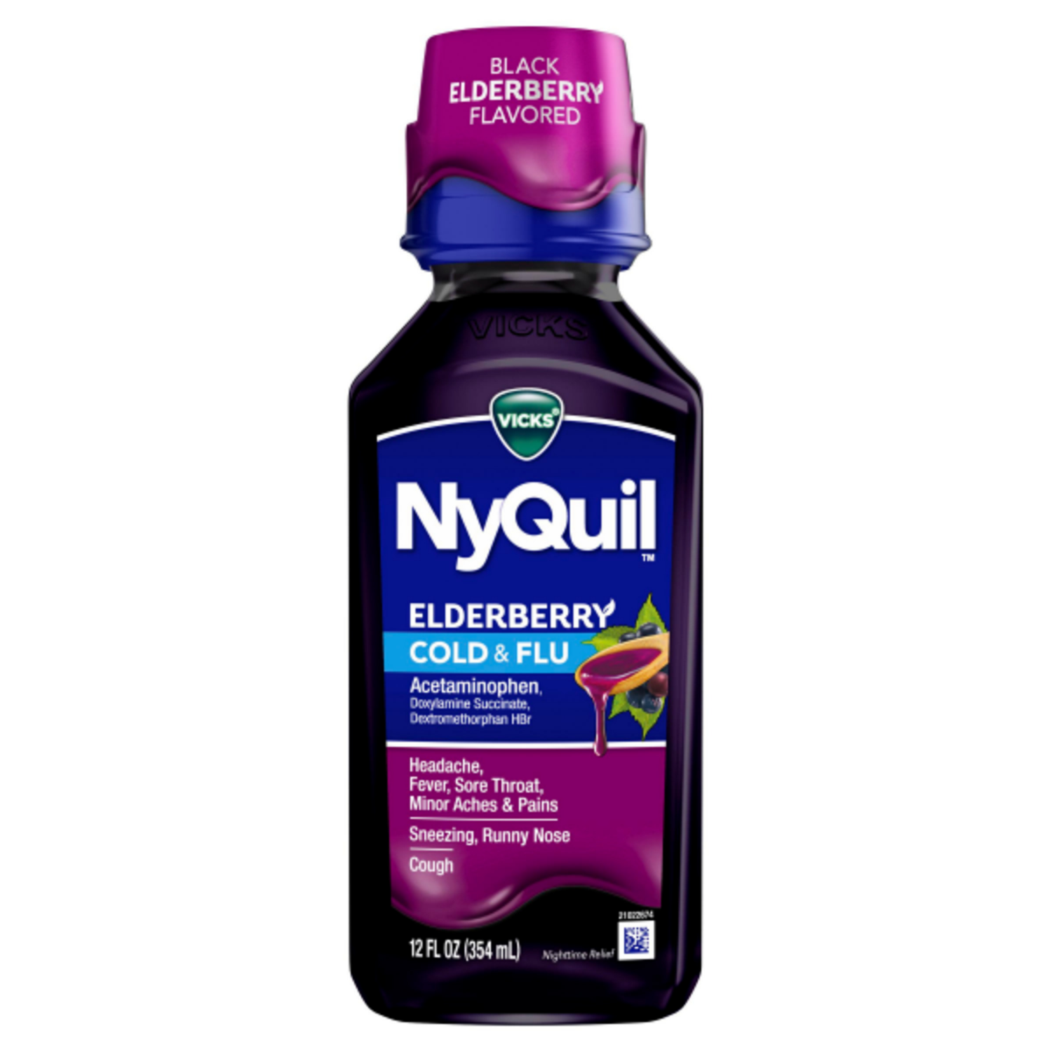 slide 5 of 8, VICKS NyQuil Elderberry Flavor Cold & Flu Relief Liquid Over-the-Counter Medicine, Powerful Multi-Symptom Nighttime Relief for Headache, Fever, Sore Throat, Minor Aches and Pains, Sneezing, Runny Nose, and Cough, 12 FL OZ, 12 fl oz