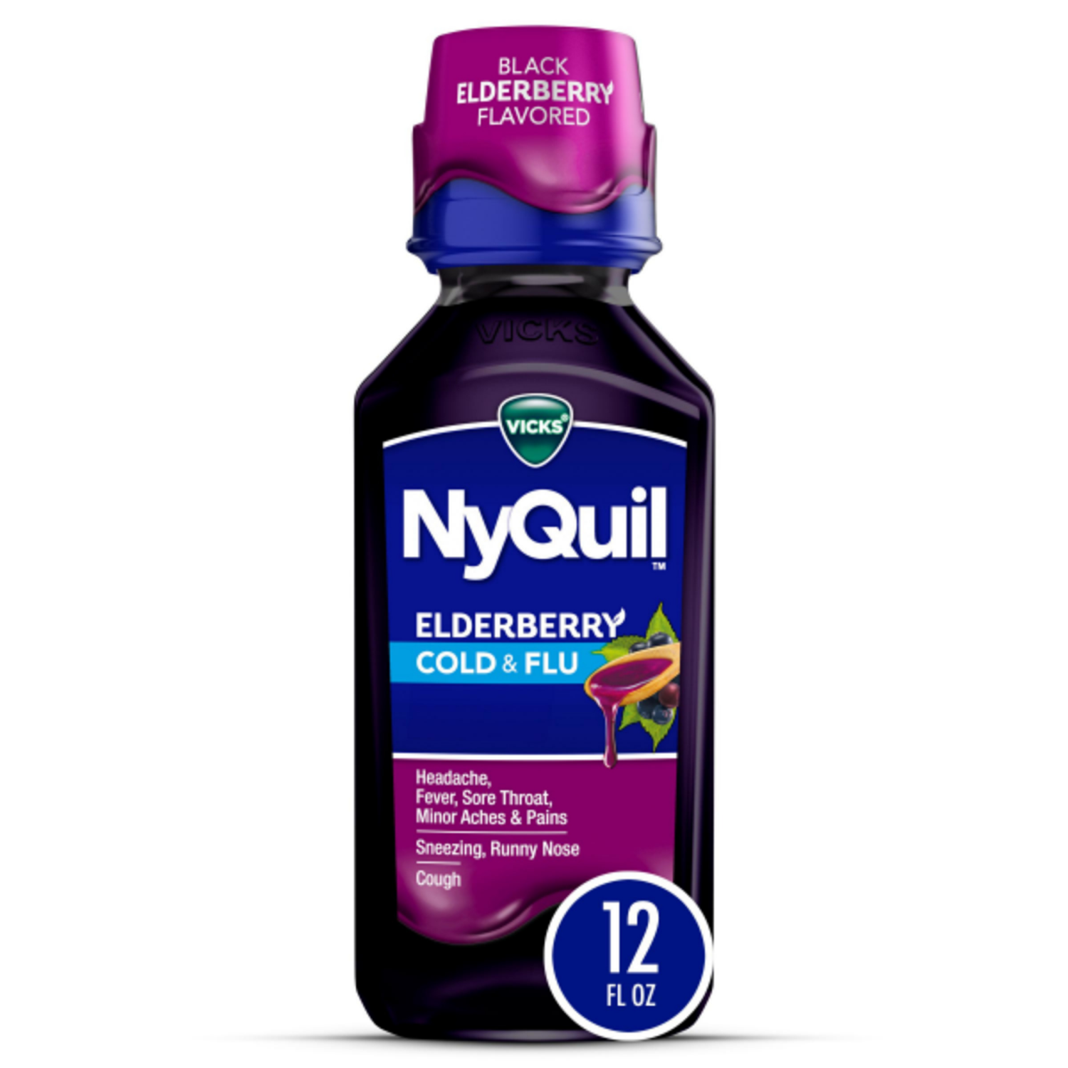 slide 1 of 8, VICKS NyQuil Elderberry Flavor Cold & Flu Relief Liquid Over-the-Counter Medicine, Powerful Multi-Symptom Nighttime Relief for Headache, Fever, Sore Throat, Minor Aches and Pains, Sneezing, Runny Nose, and Cough, 12 FL OZ, 12 fl oz