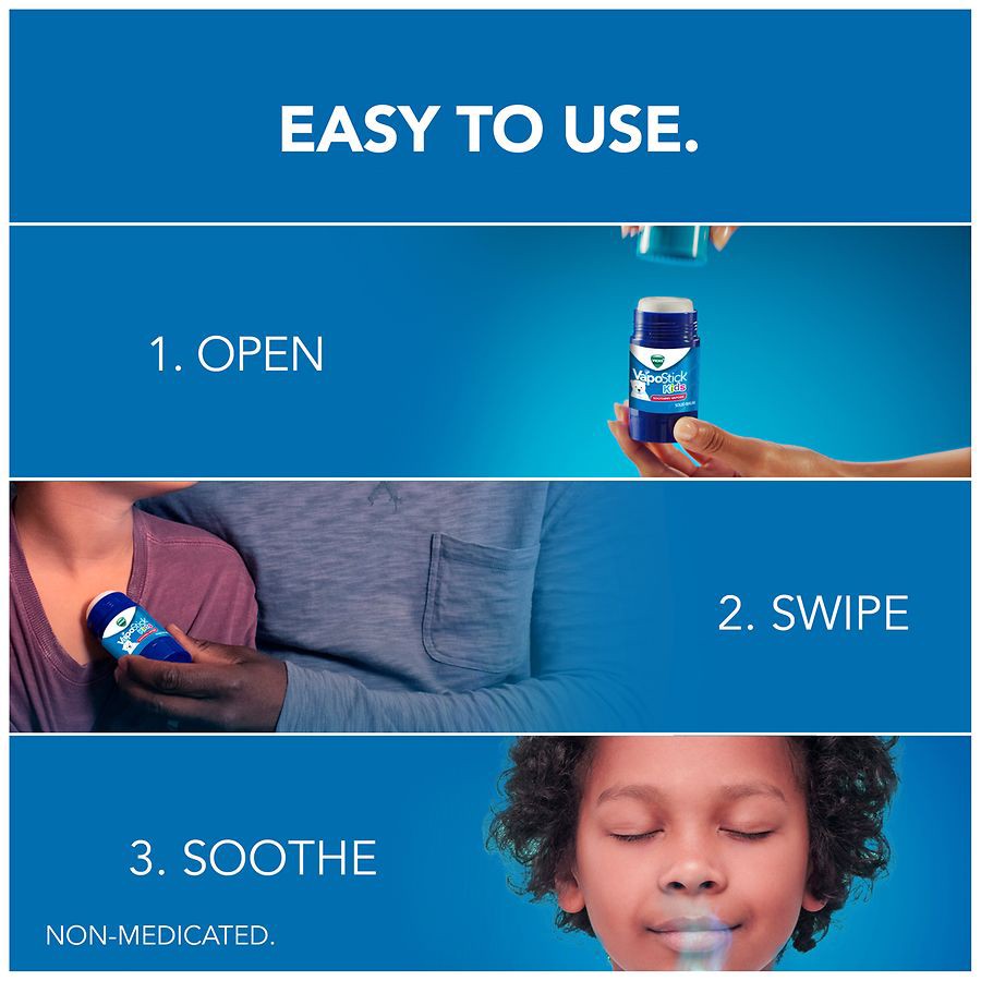 slide 5 of 5, Vicks VapoStick Kids, Solid Balm, No Mess, For Kids Ages 4+, Soothing Non-Medicated Vicks Vapors, Easy To Use No Touch Applicator, Lightweight Feel, 1.25oz, 1.25 oz