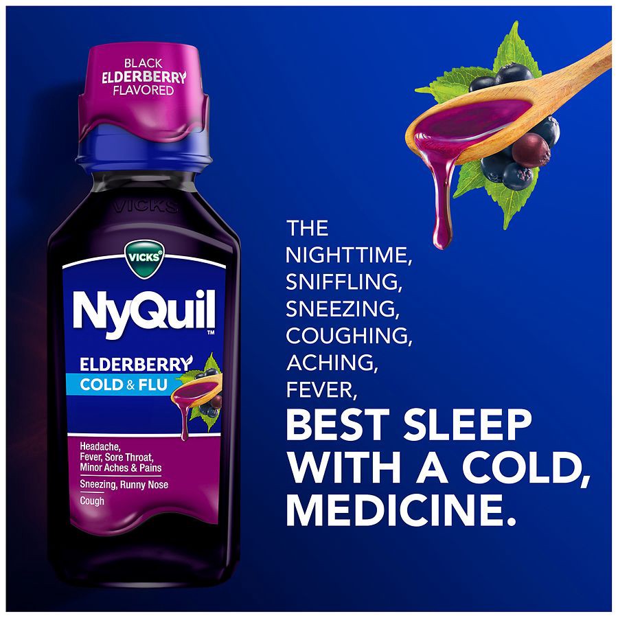 slide 5 of 5, VICKS DayQuil & NyQuil Elderberry Flavor Cold & Flu Liquid Medicine Co-Pack, Multi-Symptom Relief of Headache, Fever, Sore Throat, Minor Aches & Pains, Sneezing, Runny Nose, and Cough, 2x12oz, 2 ct