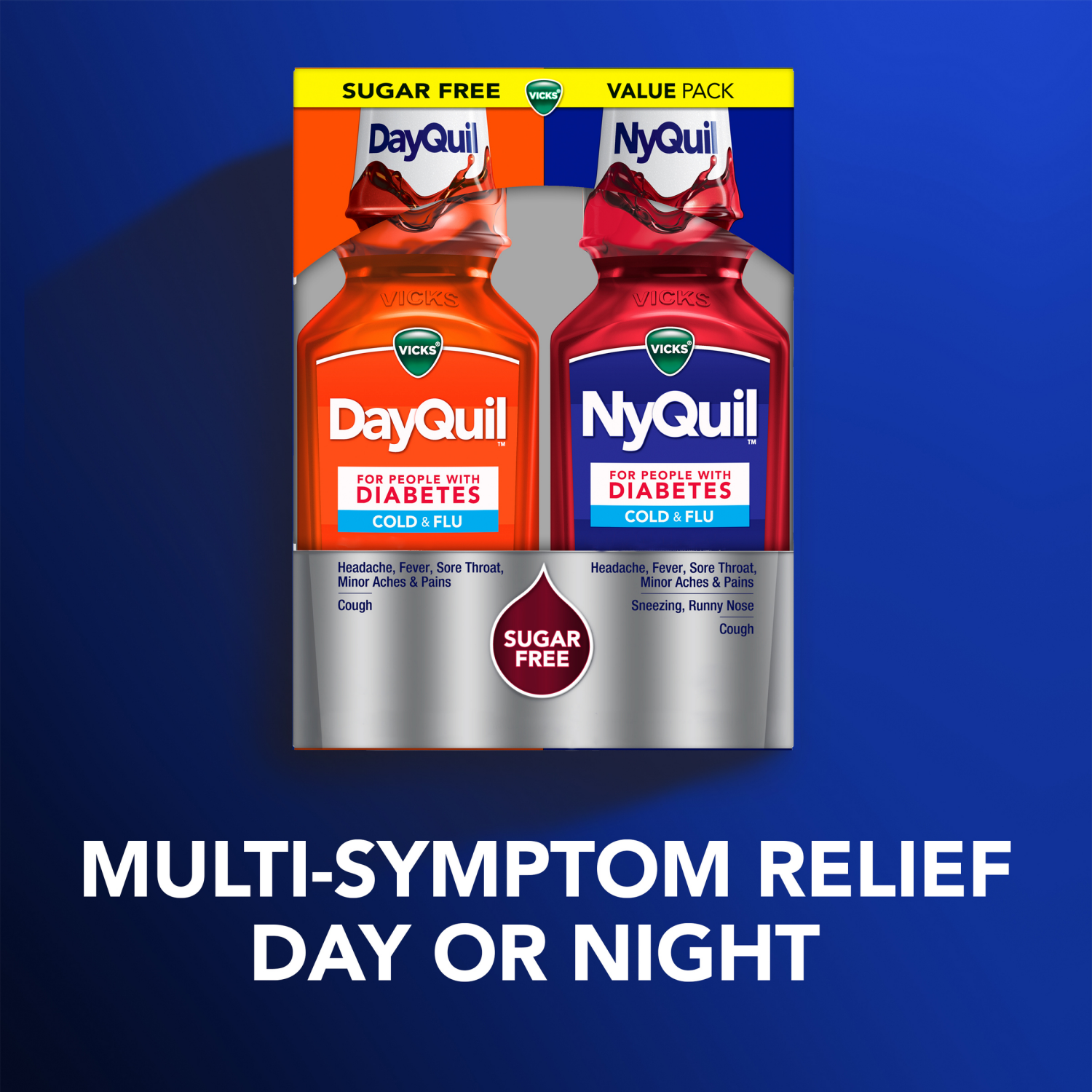 slide 2 of 8, VICKS DayQuil Diabetes Cold & Flu Relief Liquid Over-the-Counter Medicine, Powerful Multi-Symptom Daytime Relief of Cold, Cough, and Flu Symptoms, Non-Drowsy, Specially Formulated for People with Diabetes, Free of Sugar, Alcohol, & Decongestants, 12 FL OZ, 12 fl oz