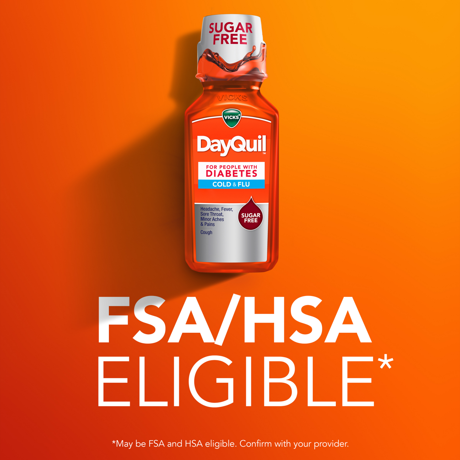 slide 8 of 8, VICKS DayQuil Diabetes Cold & Flu Relief Liquid Over-the-Counter Medicine, Powerful Multi-Symptom Daytime Relief of Cold, Cough, and Flu Symptoms, Non-Drowsy, Specially Formulated for People with Diabetes, Free of Sugar, Alcohol, & Decongestants, 12 FL OZ, 12 fl oz