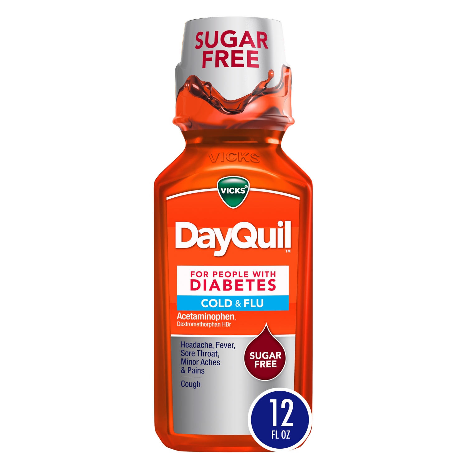 slide 1 of 8, VICKS DayQuil Diabetes Cold & Flu Relief Liquid Over-the-Counter Medicine, Powerful Multi-Symptom Daytime Relief of Cold, Cough, and Flu Symptoms, Non-Drowsy, Specially Formulated for People with Diabetes, Free of Sugar, Alcohol, & Decongestants, 12 FL OZ, 12 fl oz