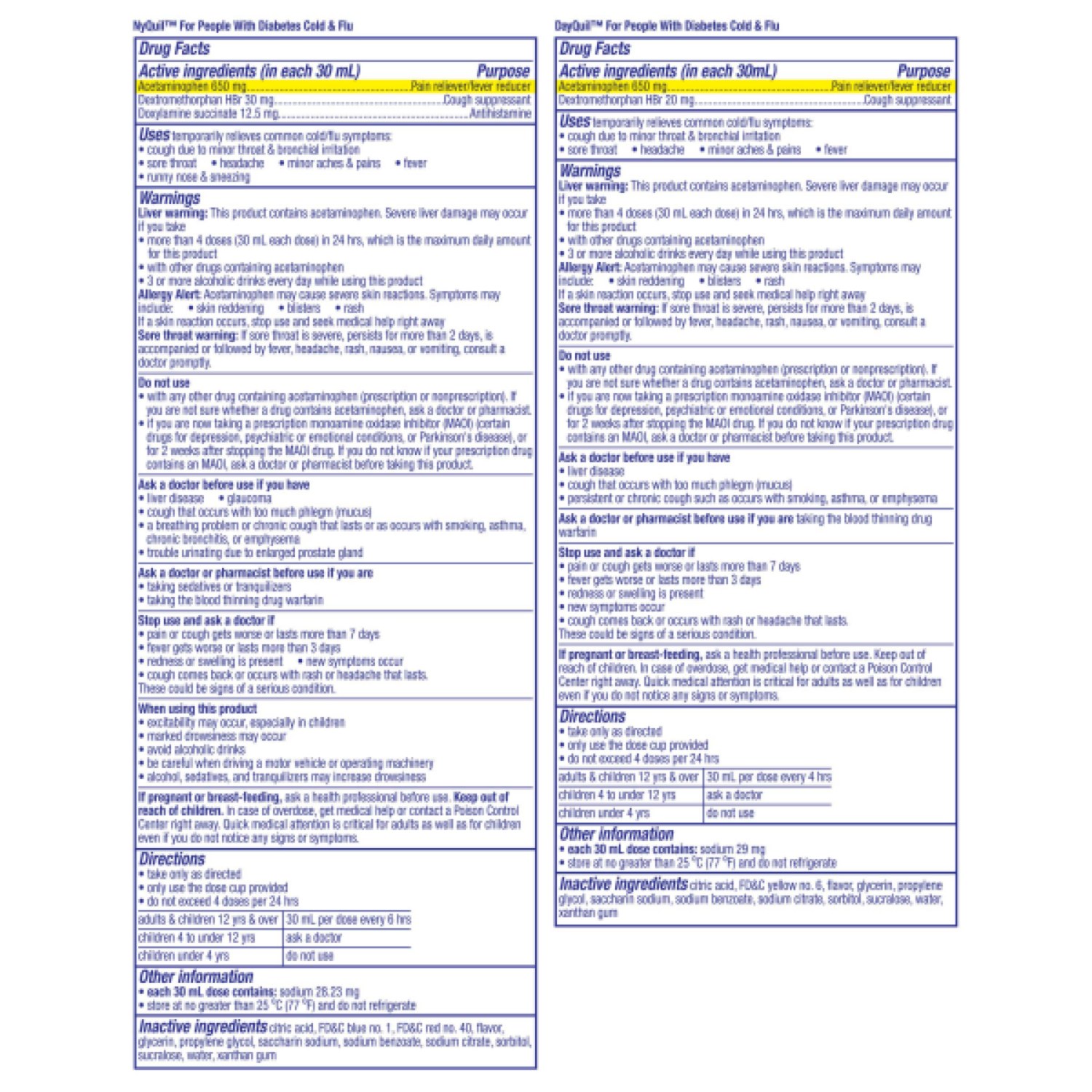 slide 3 of 8, VICKS DayQuil & NyQuil Diabetes Cold & Flu Relief Liquid Over-the-Counter Medicine Co-Pack, Powerful Multi-Symptom Daytime & Nighttime Relief for Cold, Cough, and Flu Symptoms, Sugar & Alcohol Free, 2 x 12 FL OZ Bottles, 12 fl oz