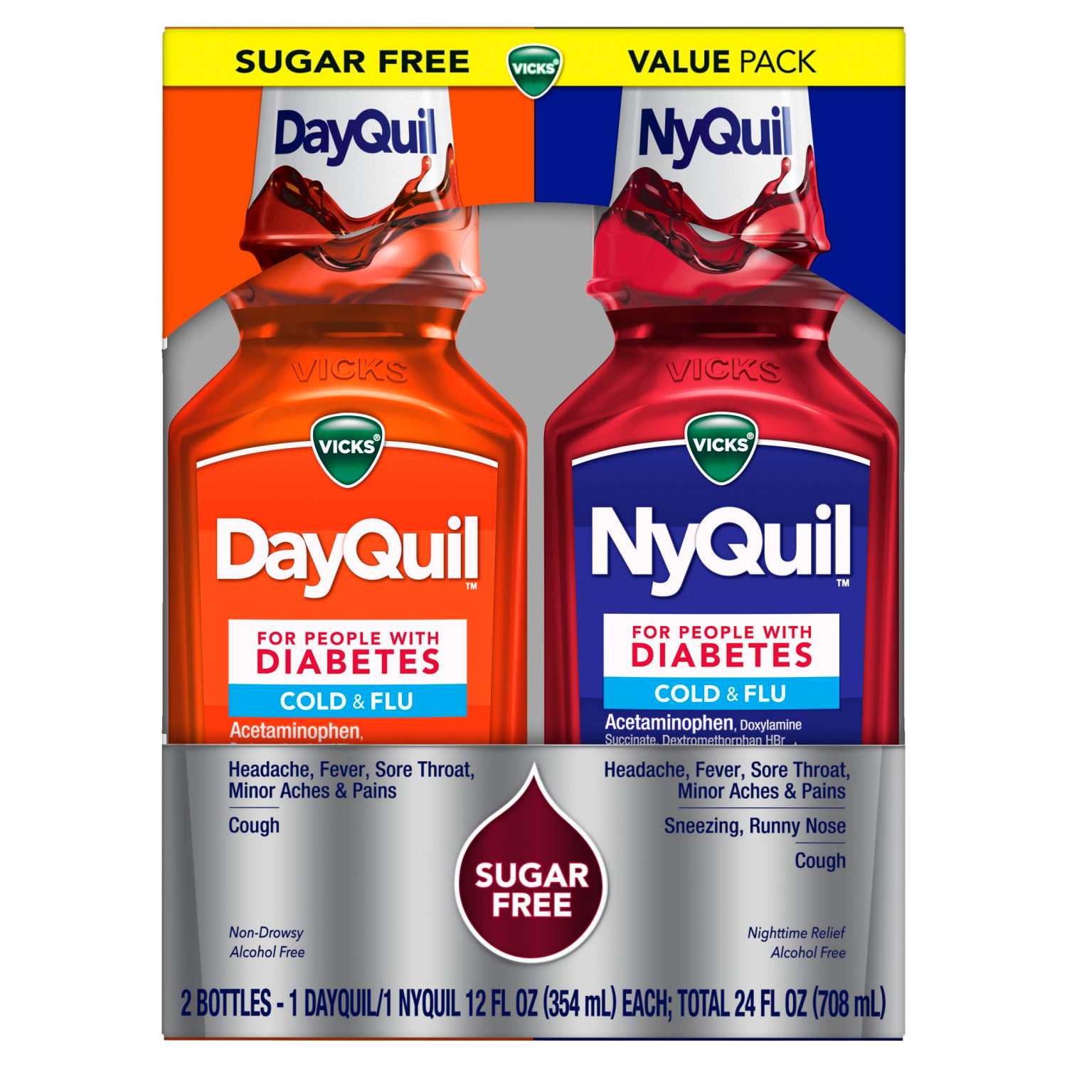 slide 5 of 8, VICKS DayQuil & NyQuil Diabetes Cold & Flu Relief Liquid Over-the-Counter Medicine Co-Pack, Powerful Multi-Symptom Daytime & Nighttime Relief for Cold, Cough, and Flu Symptoms, Sugar & Alcohol Free, 2 x 12 FL OZ Bottles, 12 fl oz