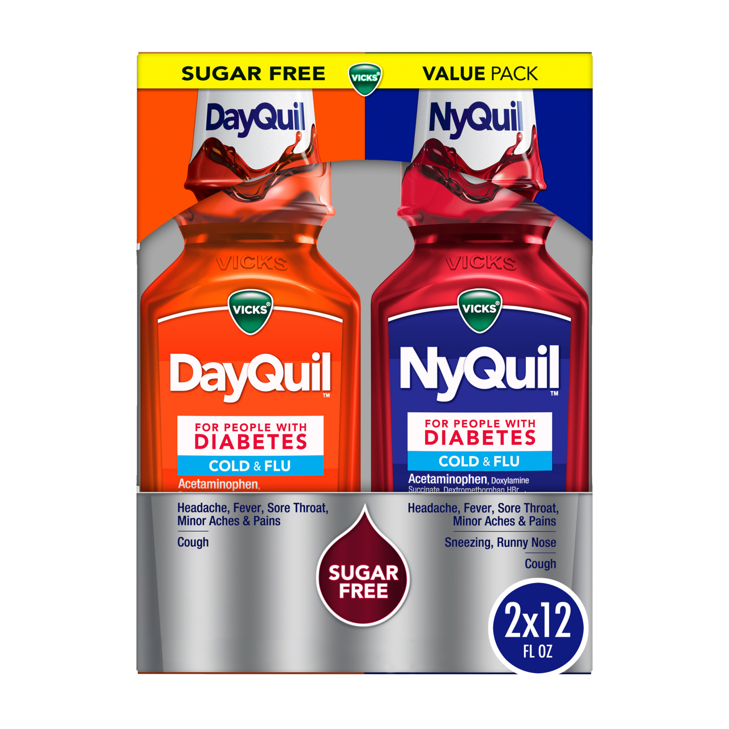 slide 1 of 8, VICKS DayQuil & NyQuil Diabetes Cold & Flu Relief Liquid Over-the-Counter Medicine Co-Pack, Powerful Multi-Symptom Daytime & Nighttime Relief for Cold, Cough, and Flu Symptoms, Sugar & Alcohol Free, 2 x 12 FL OZ Bottles, 12 fl oz