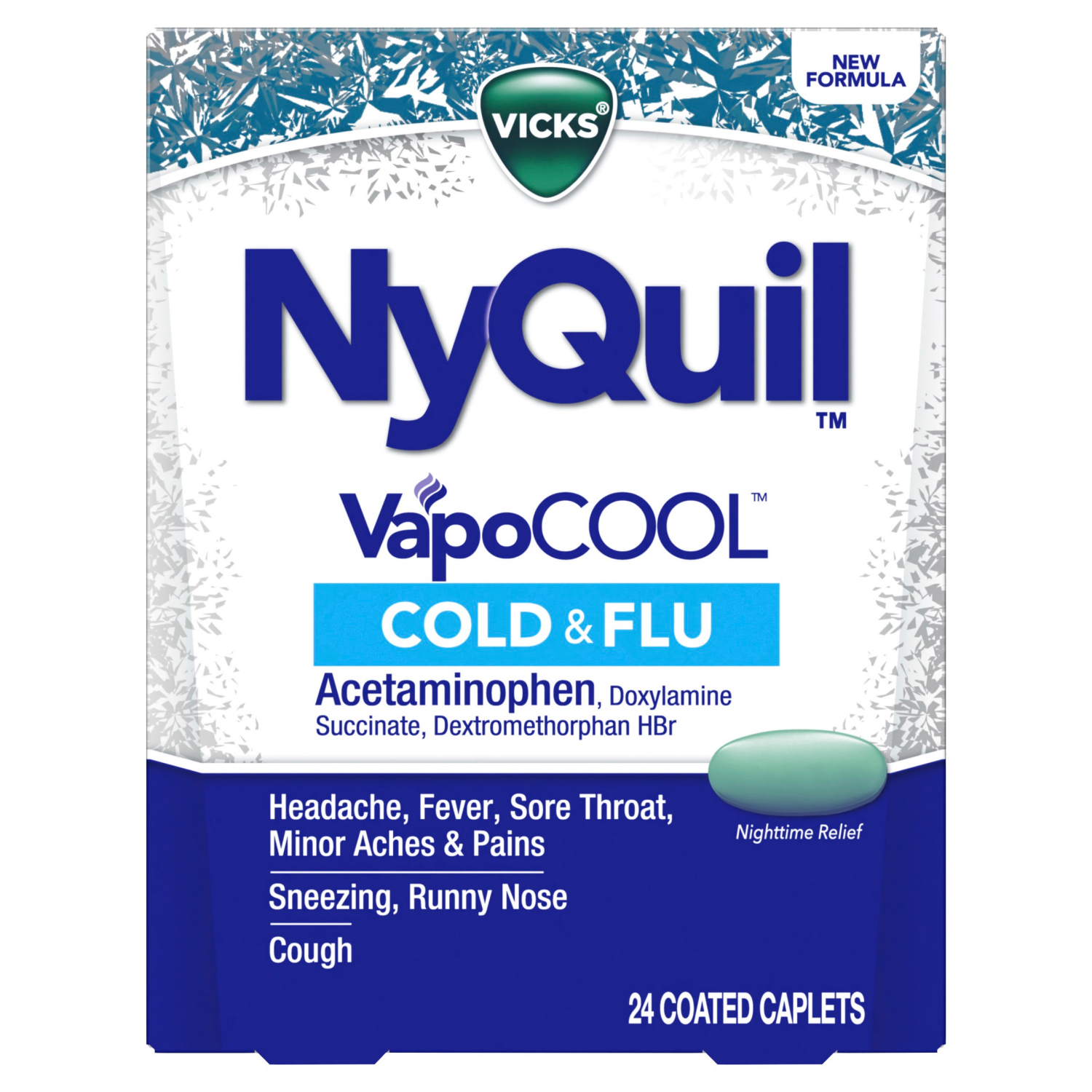 slide 3 of 8, Vicks NyQuil VapoCOOL Cold & Flu Coated Caplets, Over-the-Counter Medicine, Powerful Nighttime Relief for Headache, Fever, Sore Throat, Minor Aches and Pains, Sneezing, Runny Nose, and Cough, 24 Count, 24 ct