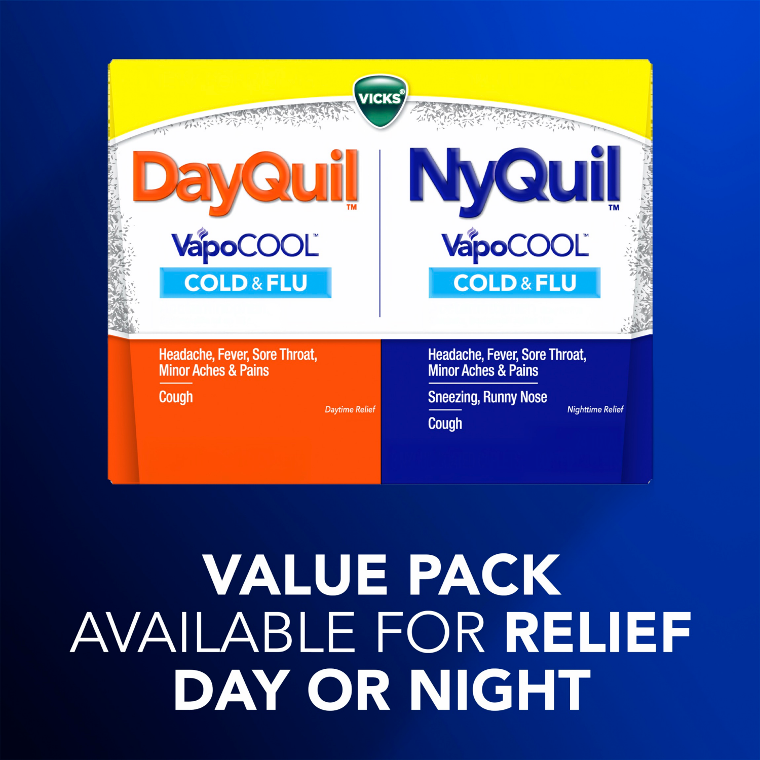 slide 5 of 8, Vicks NyQuil VapoCOOL Cold & Flu Coated Caplets, Over-the-Counter Medicine, Powerful Nighttime Relief for Headache, Fever, Sore Throat, Minor Aches and Pains, Sneezing, Runny Nose, and Cough, 24 Count, 24 ct