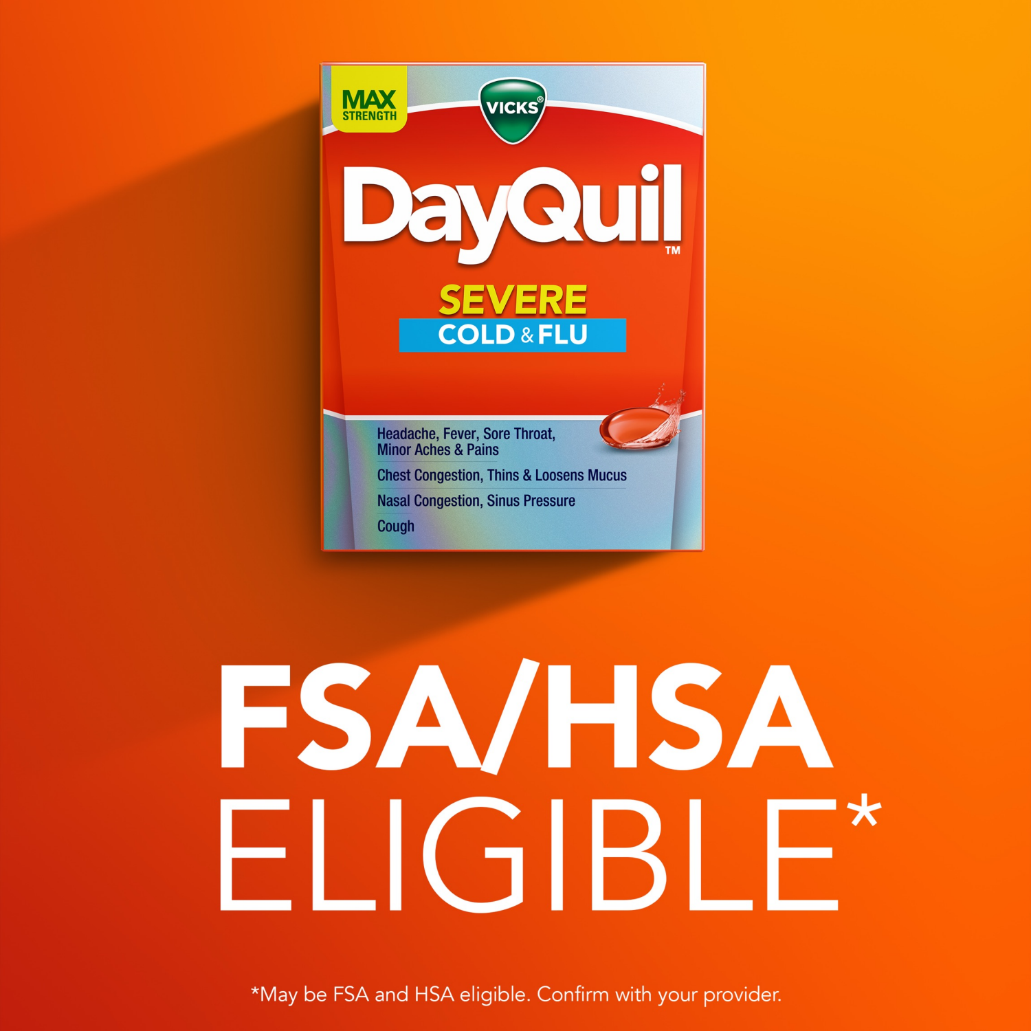 slide 8 of 8, Vicks DayQuil SEVERE Cold & Flu Over-the-Counter Medicine, Powerful Non-Drowsy Daytime Relief for Headache, Fever, Sore Throat, Minor Aches and Pains, Chest Congestion, Stuffy Nose, Nasal Congestion, Sinus Pressure, and Cough, 24 Liquicaps, 24 ct