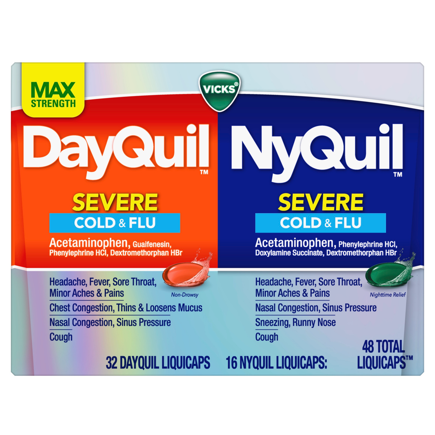 slide 3 of 8, VICKS DayQuil & NyQuil SEVERE Co-Pack, Cold & Flu Medicine, Powerful Relief for Headache, Fever, Sore Throat, Minor Aches & Pains, Congestion, Sinus Pressure, Stuffy Nose, and Cough, 48 LiquiCaps, 48 ct