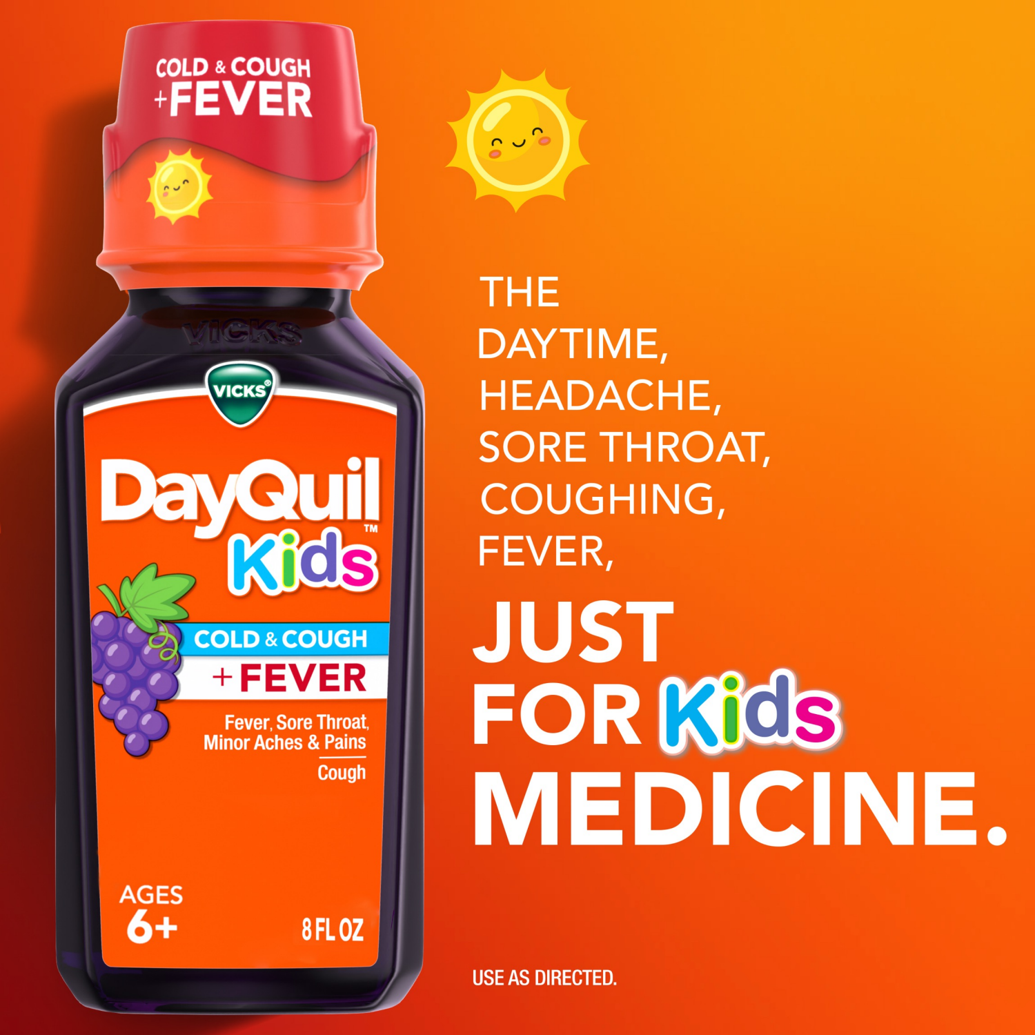 slide 7 of 8, VICKS DayQuil and NyQuil Kids Grape Cold & Cough + Fever Multi-Symptom Relief Liquid Co-Pack, Daytime and Nighttime Cough, Cold, and Fever Relief, Great-Tasting Grape Flavored Medicine, Specially Formulated for Kids Ages 6+, 2x8 OZ, 1 ct