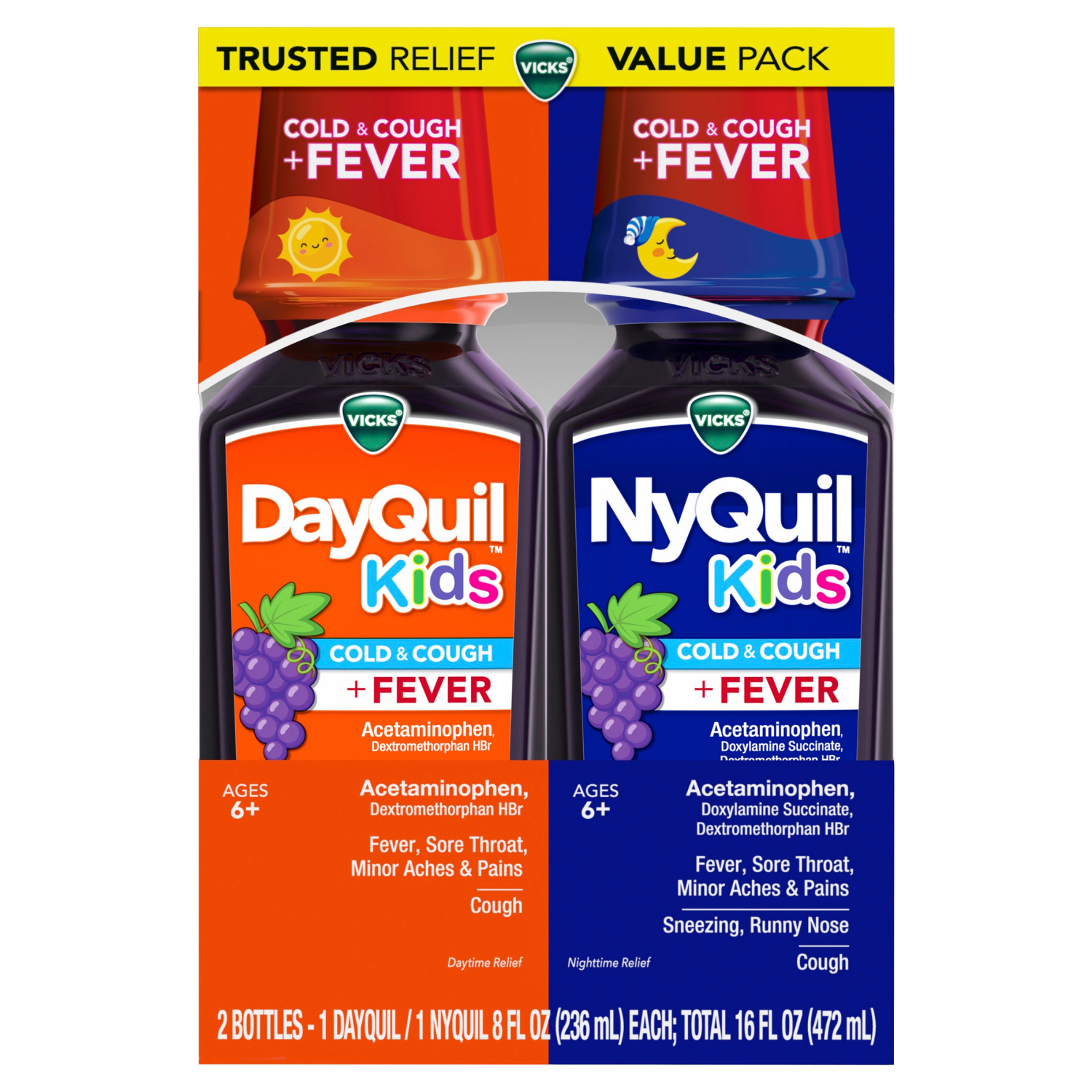 slide 1 of 8, VICKS DayQuil and NyQuil Kids Grape Cold & Cough + Fever Multi-Symptom Relief Liquid Co-Pack, Daytime and Nighttime Cough, Cold, and Fever Relief, Great-Tasting Grape Flavored Medicine, Specially Formulated for Kids Ages 6+, 2x8 OZ, 1 ct