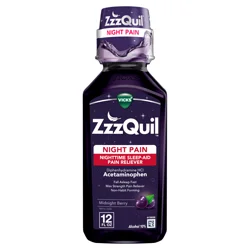 Vicks ZzzQuil Liquid, Max Strength Pain Reliever, Nighttime Sleep Aid Liquid, Acetaminophen 1000mg, Diphenhydramine 50mg HCI, Non-Habit Forming, Midnight Berry Flavored, 12 FL OZ