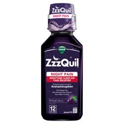 Vicks ZzzQuil Liquid, Max Strength Pain Reliever, Nighttime Sleep Aid Liquid, Acetaminophen 1000mg, Diphenhydramine 50mg HCI, Non-Habit Forming, Midnight Berry Flavored, 12 FL OZ