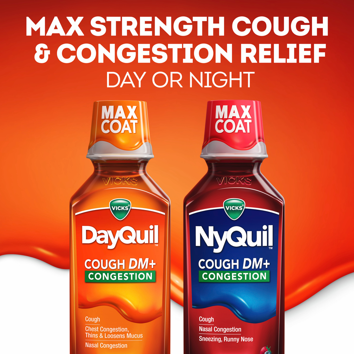slide 4 of 7, Vicks NyQuil Cough DM+ Congestion Relief Liquid Medicine, Maximum Strength Multi-Symptom Nighttime Relief for Cough, Nasal Congestion, Sneezing and Runny Nose, Cherry Flavor, 12 FL OZ, 12 fl oz