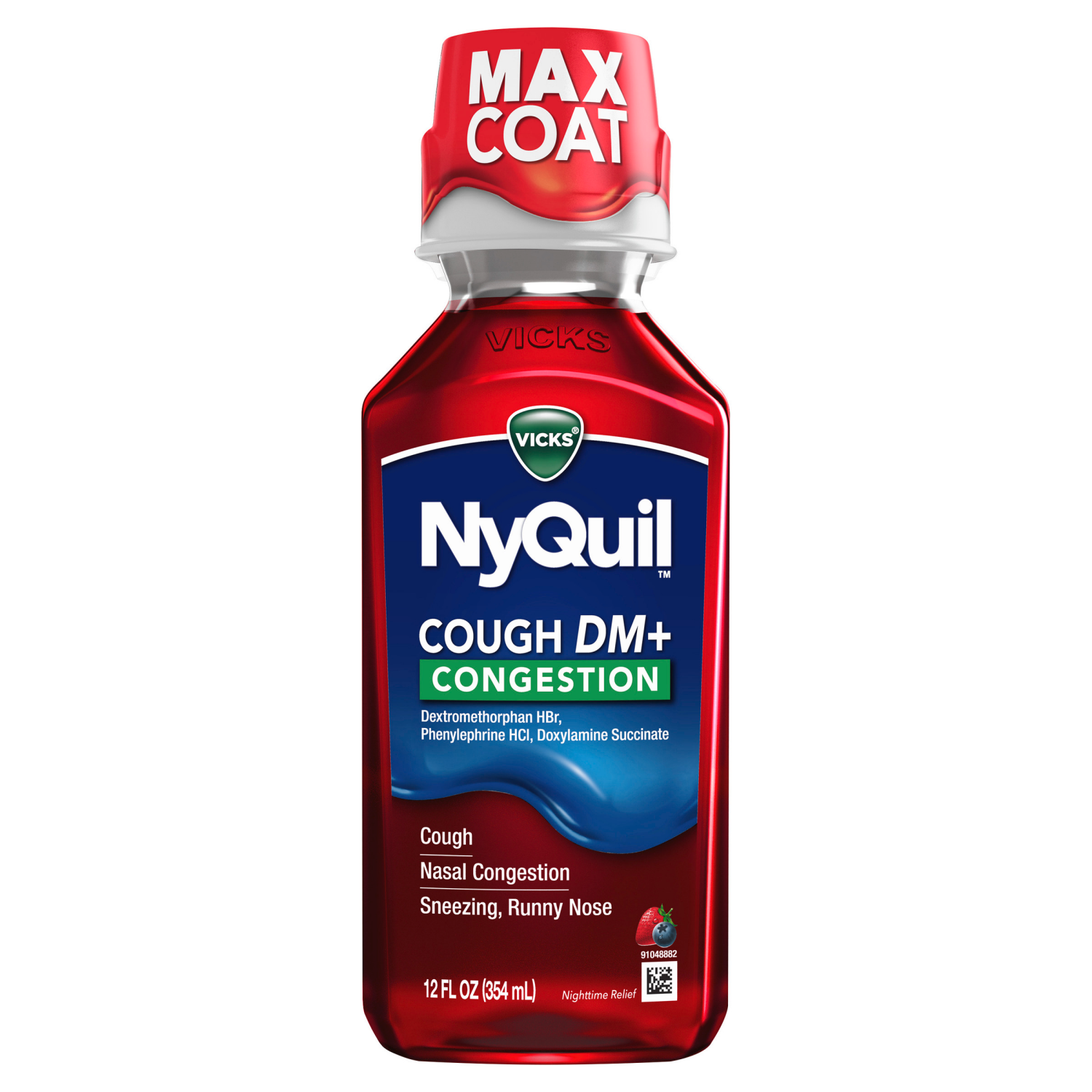 slide 5 of 7, Vicks NyQuil Cough DM+ Congestion Relief Liquid Medicine, Maximum Strength Multi-Symptom Nighttime Relief for Cough, Nasal Congestion, Sneezing and Runny Nose, Cherry Flavor, 12 FL OZ, 12 fl oz