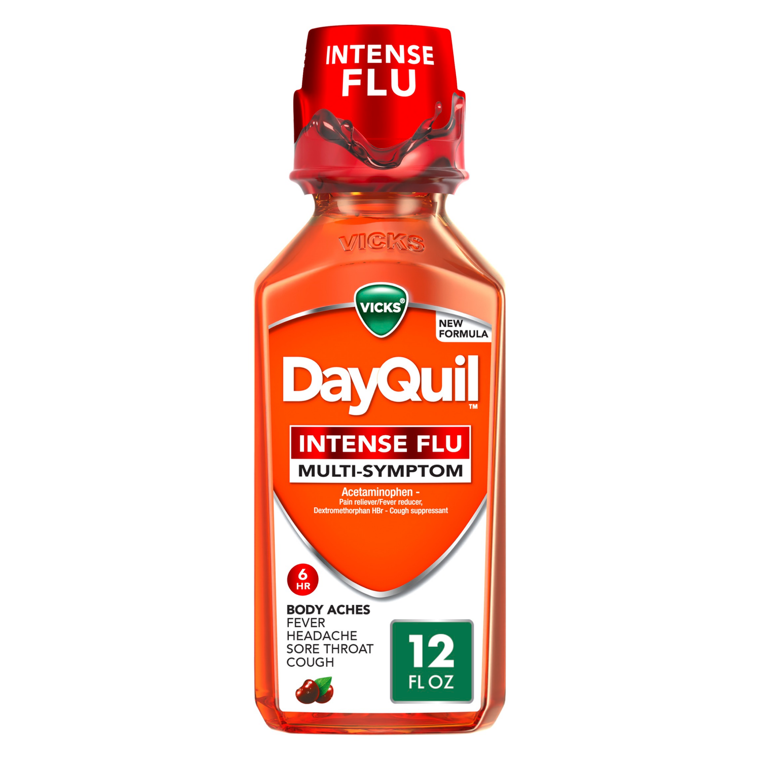 slide 3 of 8, Vicks DayQuil Intense Flu Liquid, Over-the-Counter Medicine, Multi-Symptom, Powerful Daytime Relief for Body Aches, Fever, Headache, Sore Throat, and Cough, 6 Hour Relief, Cherry Flavor, 12 FL OZ, 12 fl oz