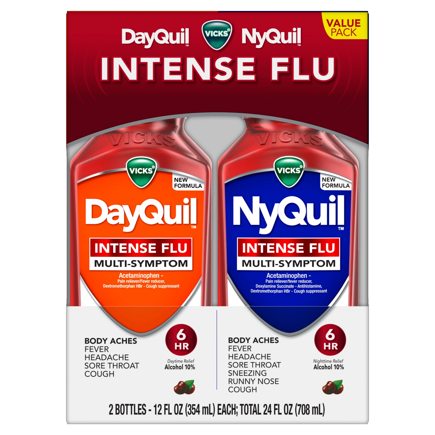 slide 3 of 8, Vicks DayQuil & NyQuil Intense Flu Liquid, Value Pack, Over-the-Counter, Multi-Symptom, Powerful Relief for Body Aches, Fever, Headache, Sore Throat, and Cough, 6 Hour Relief, Cherry Flavor, 12 FL OZ, 12 fl oz