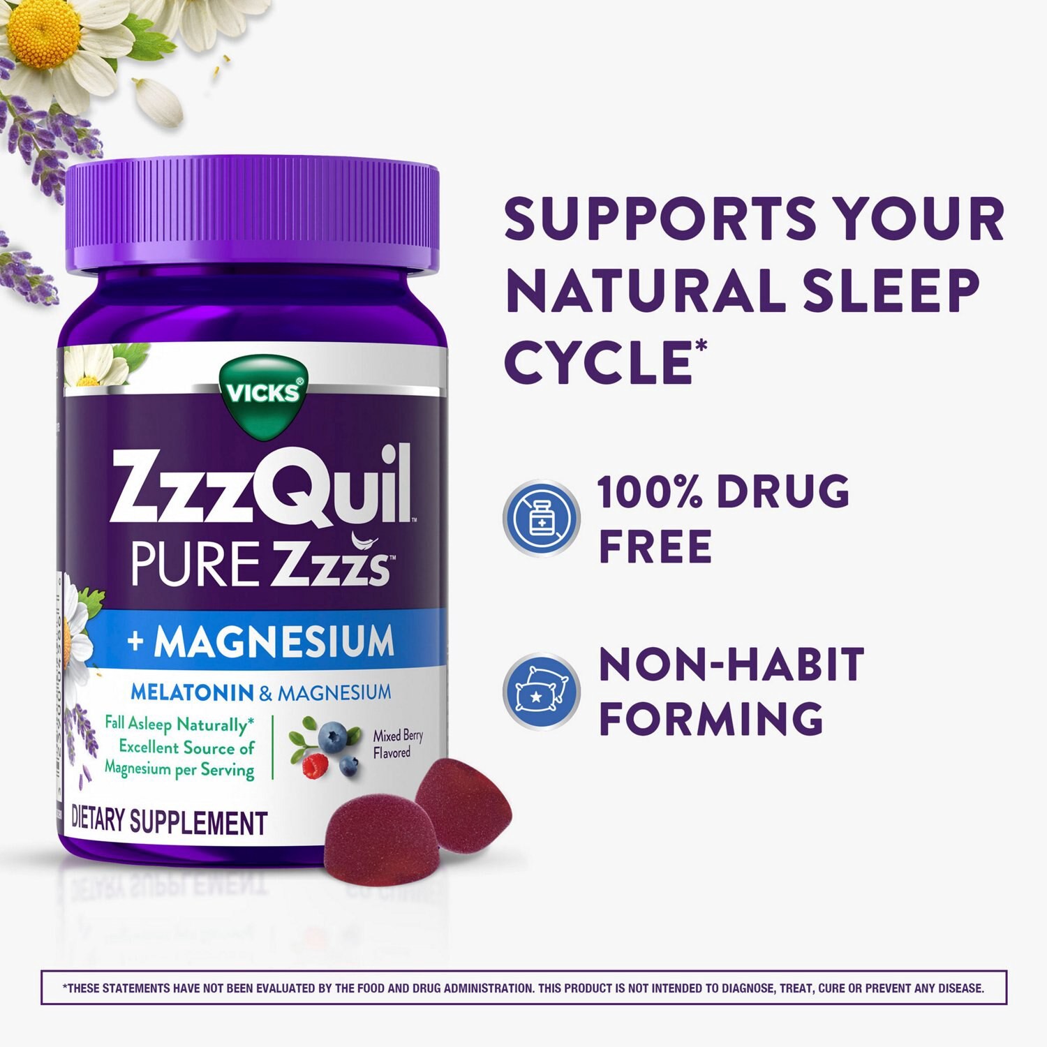 slide 3 of 7, Zzzquil Pure Zzz's Sleep + Mag With Ashwagandha, Tart Cherry, 60 Gummies, 60 ct