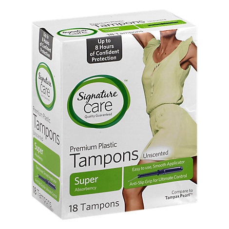 slide 1 of 1, Signature Care Tampons Premium Plastic Super Absorbency Unscented, 18 ct