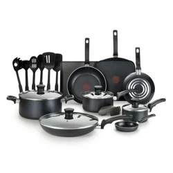 T Fal T-Fal Essentials, 20 Piece Non-Stick pots and pans Cookware set Black