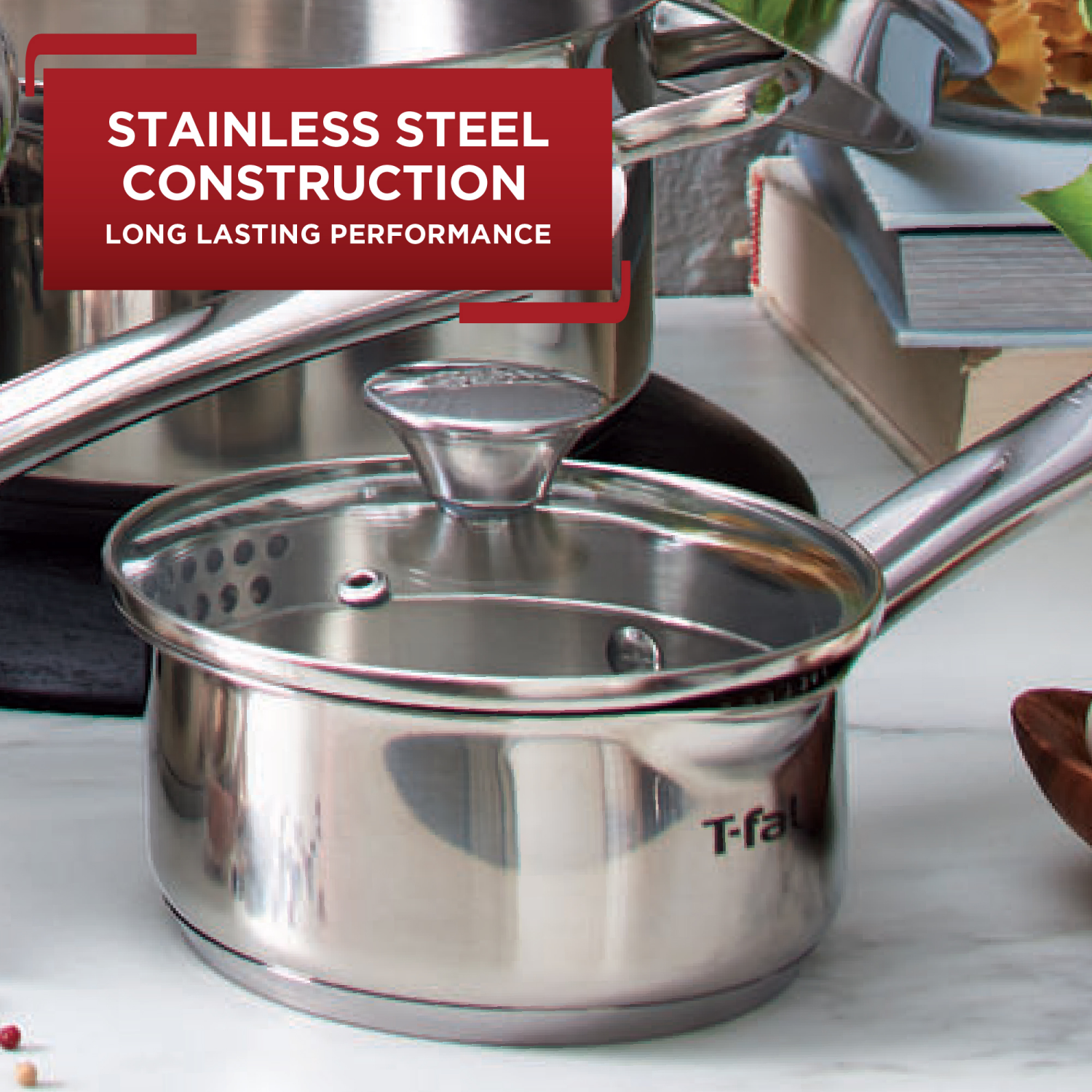 slide 4 of 5, T-Fal Cook & Strain Stainless Steel Saucepan, 3 qt