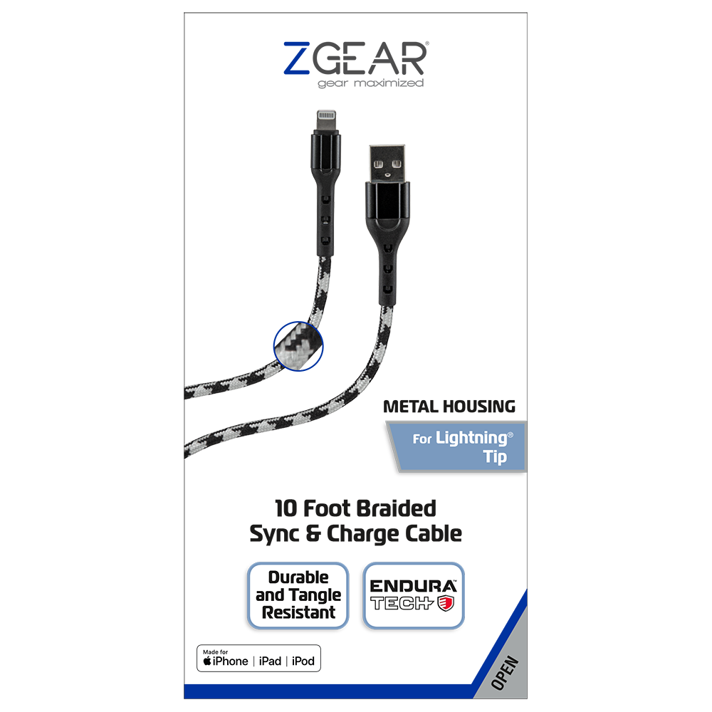 slide 1 of 1, Zgear 10 Foot Braided Sync Charge Cable, 10 ft