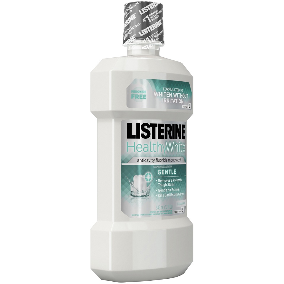 slide 2 of 6, Listerine Healthy White Gentle Clean Mint Sodium Fluoride Anti-Cavity Mouthrinse, 32 fl oz