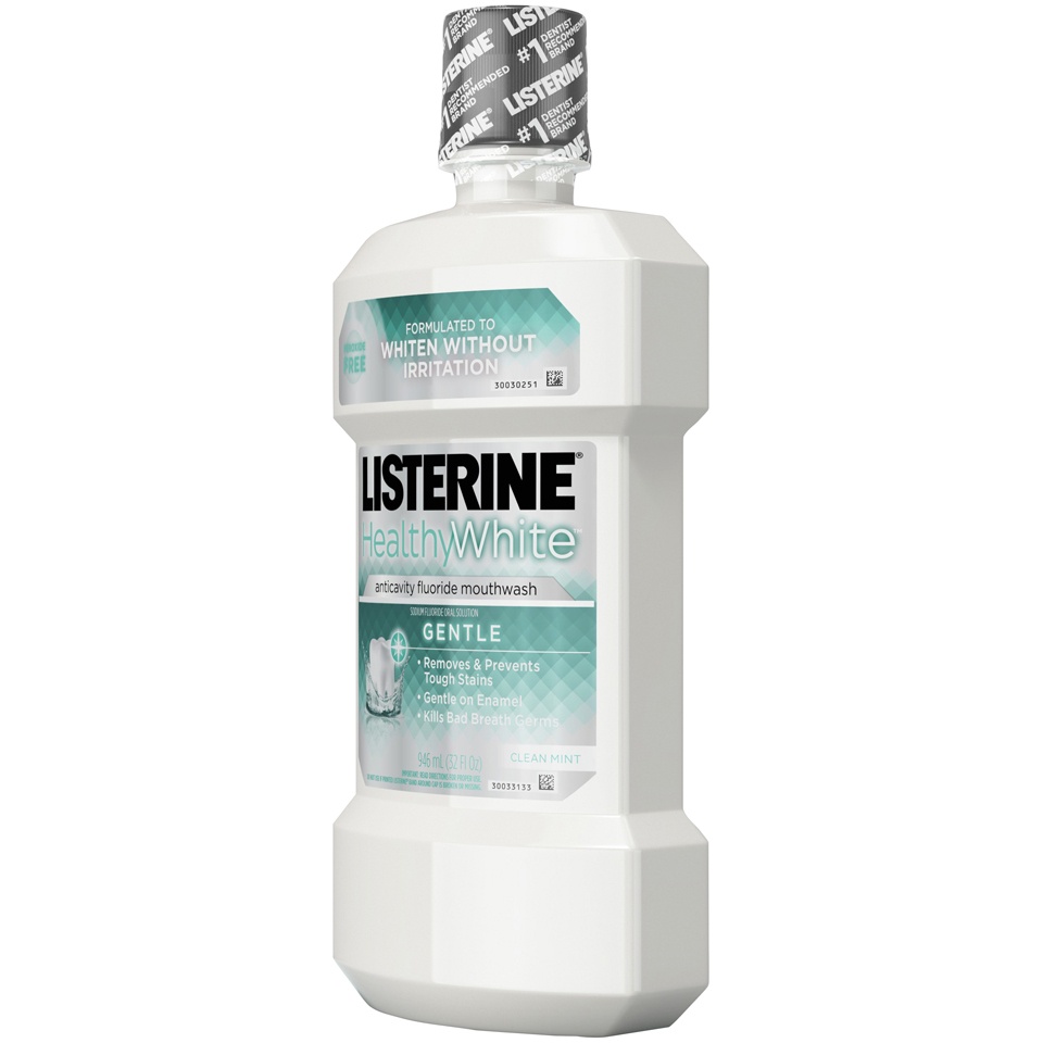 slide 3 of 6, Listerine Healthy White Gentle Clean Mint Sodium Fluoride Anti-Cavity Mouthrinse, 32 fl oz